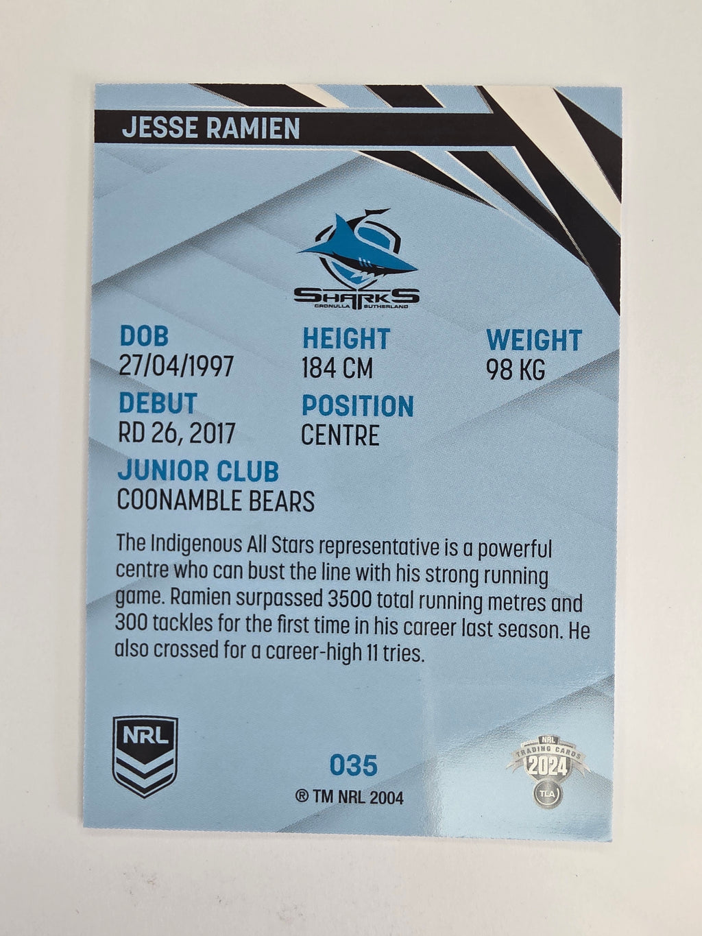 NRL 2024 Traders Base Card #035 Jesse Ramien Cronulla Sutherland Sharks