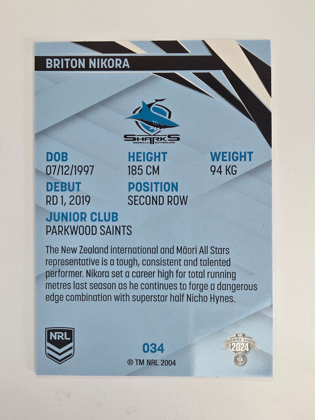 NRL 2024 Traders Base Card #034 Briton Nikora Cronulla Sutherland Sharks