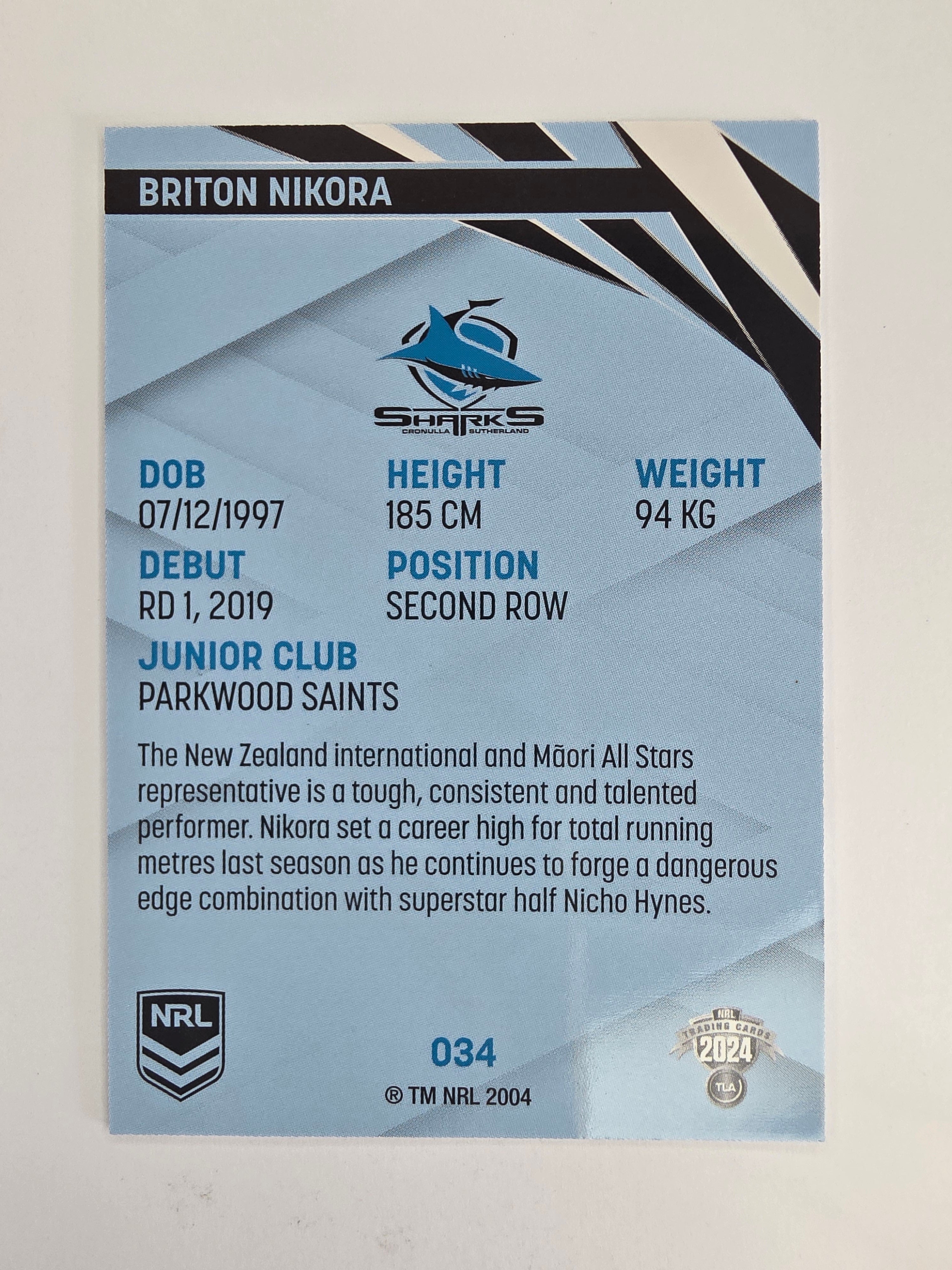 NRL 2024 Traders Base Card #034 Briton Nikora Cronulla Sutherland Sharks