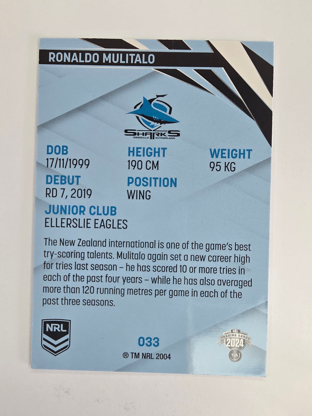 NRL 2024 Traders Base Card #033 Ronaldo Mulitalo Cronulla Sutherland Sharks