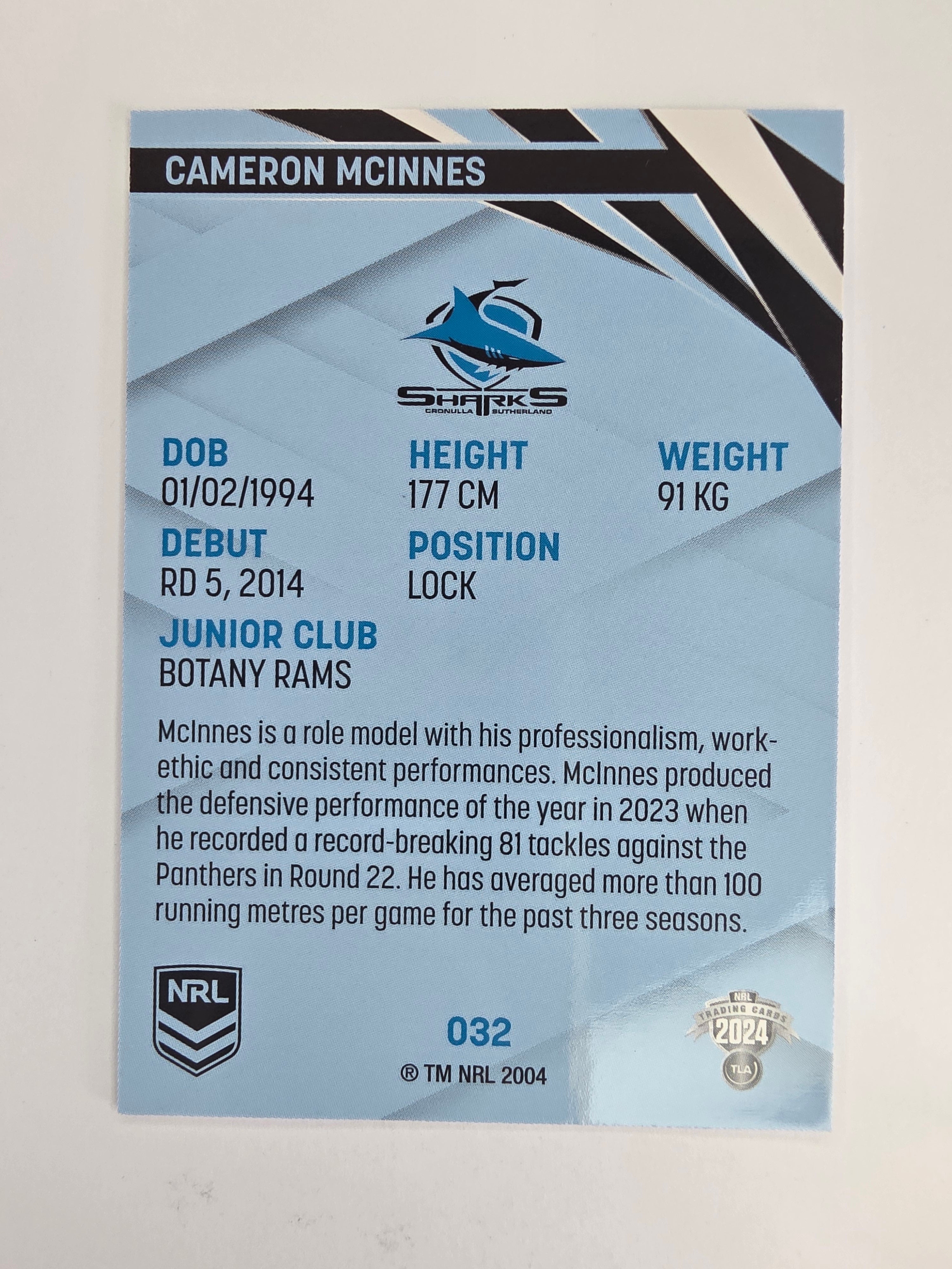 NRL 2024 Traders Base Card #032 Cameron McInnes Cronulla Sutherland Sharks