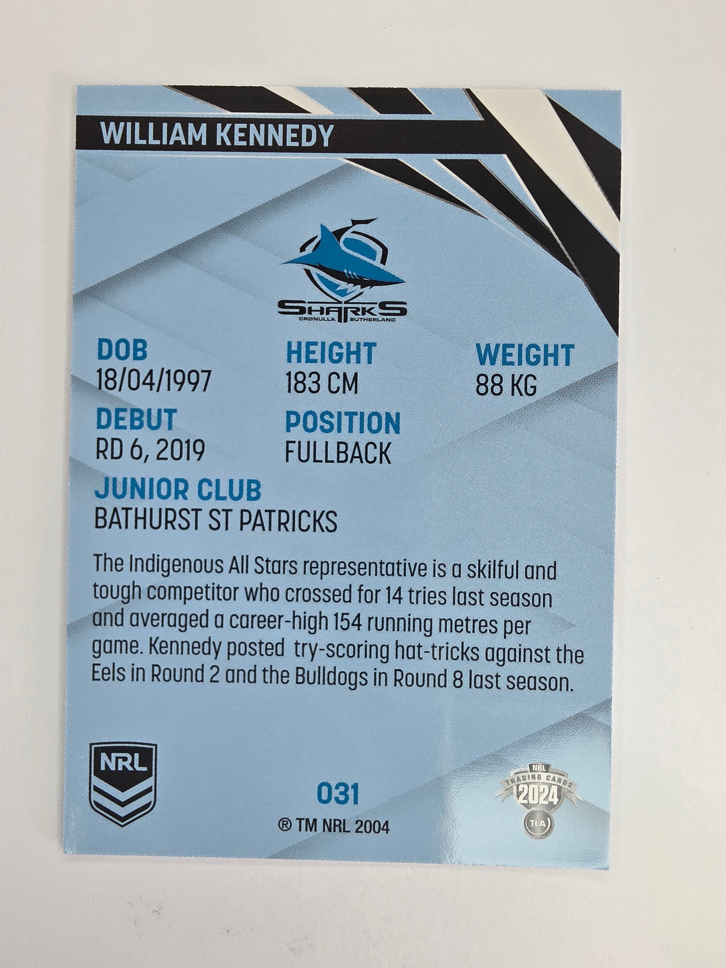 NRL 2024 Traders Base Card #031 William Kennedy Cronulla Sutherland Sharks
