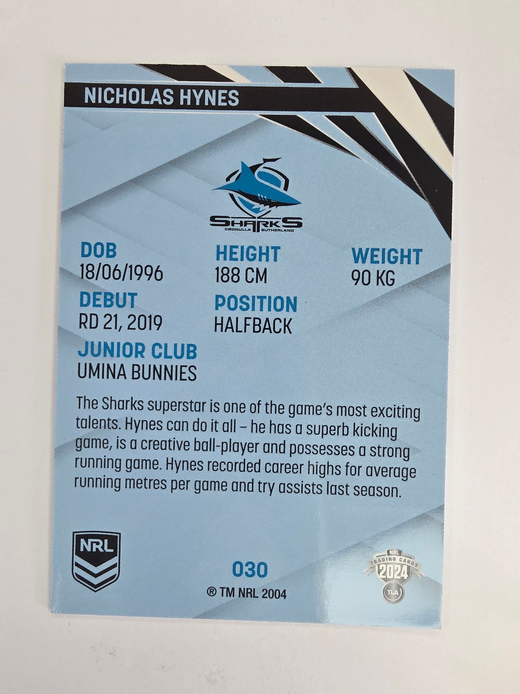 NRL 2024 Traders Base Card #030 Nicholas Hynes Cronulla Sutherland Sharks