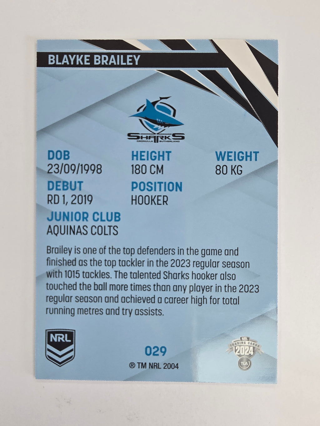 NRL 2024 Traders Base Card #029 Blayke Brailey Cronulla Sutherland Sharks