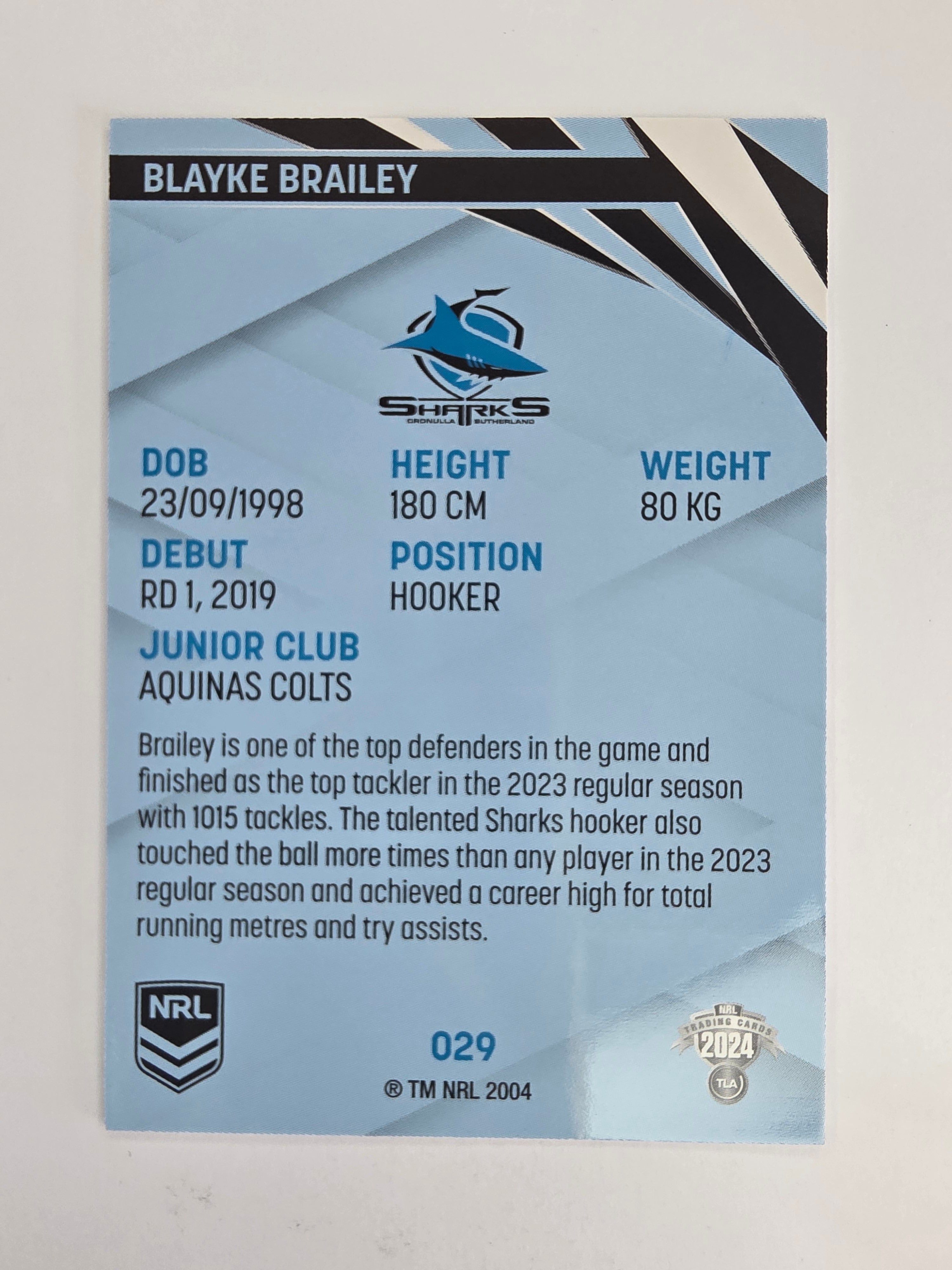 NRL 2024 Traders Base Card #029 Blayke Brailey Cronulla Sutherland Sharks