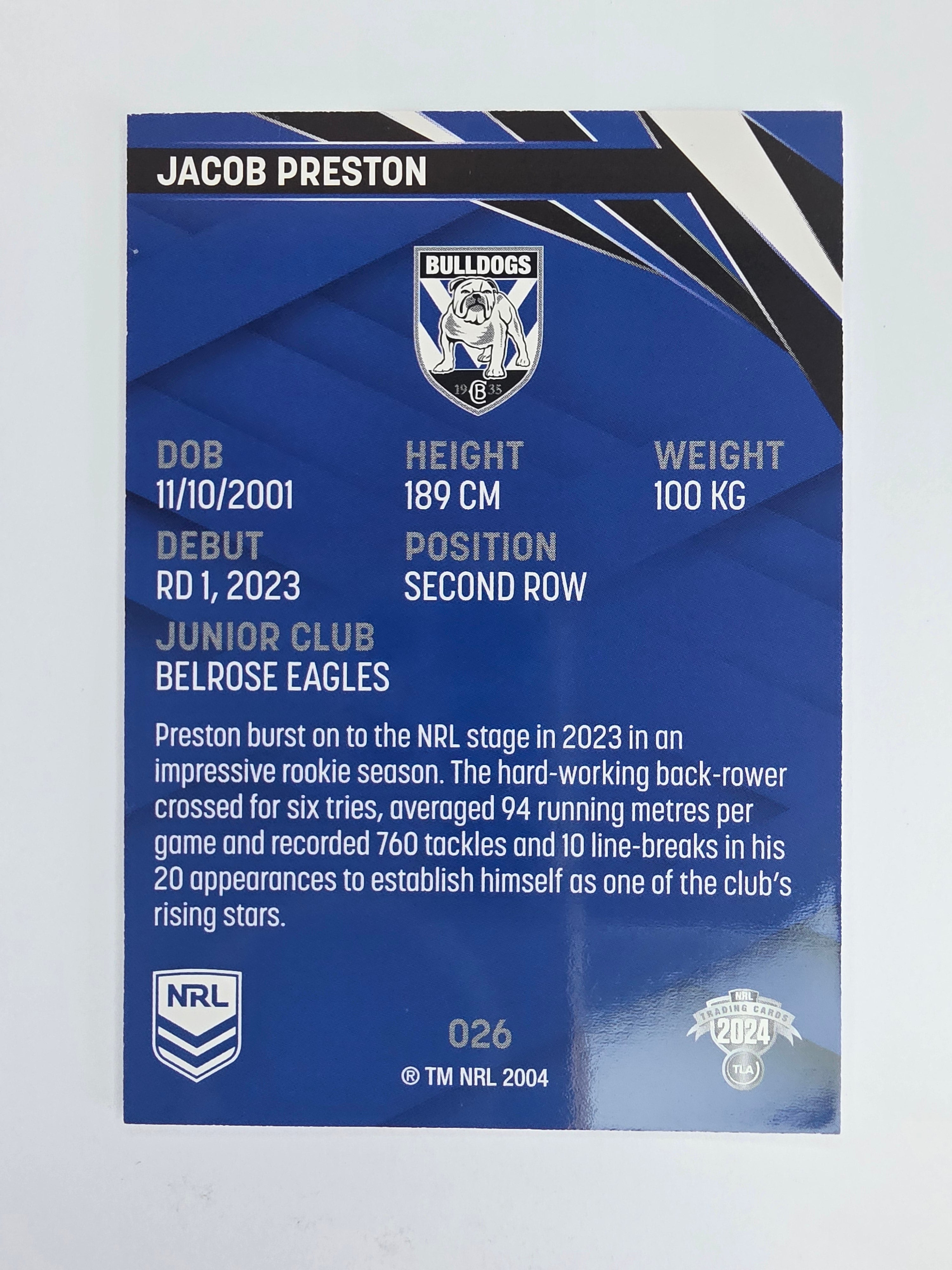 NRL 2024 Traders Base Card #026 Jacob Preston Canterbury Bankstown Bulldogs