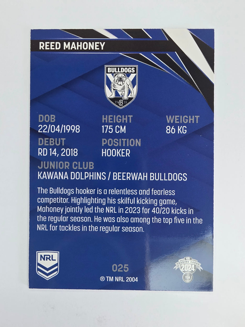 NRL 2024 Traders Base Card #025 Reed Mahoney Canterbury Bankstown Bulldogs