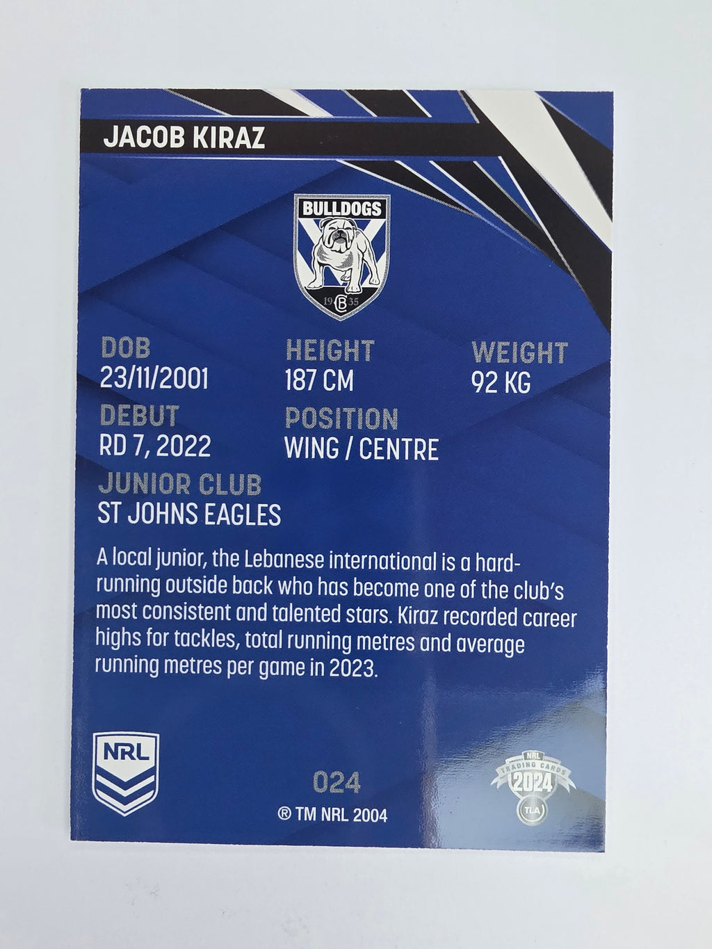 NRL 2024 Traders Base Card #024 Jacob Kiraz Canterbury Bankstown Bulldogs