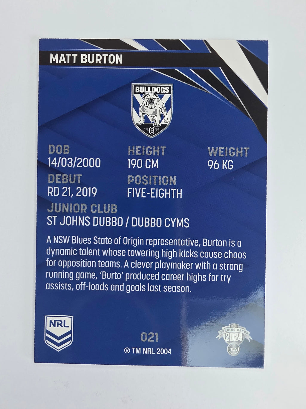 NRL 2024 Traders Base Card #021 Matt Burton Canterbury Bankstown Bulldogs
