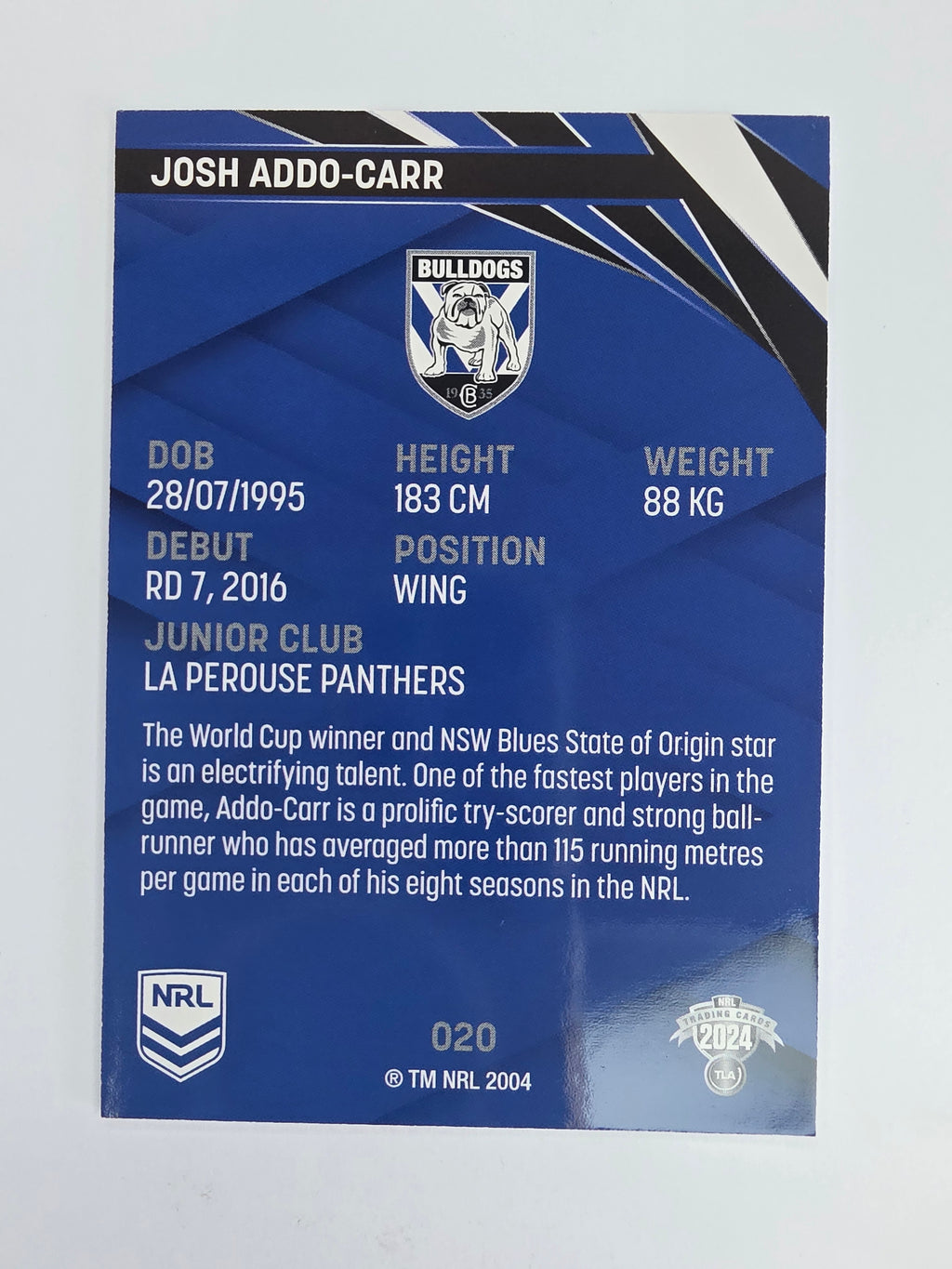 NRL 2024 Traders Base Card #020 Josh Addo-Carr Canterbury Bankstown Bulldogs
