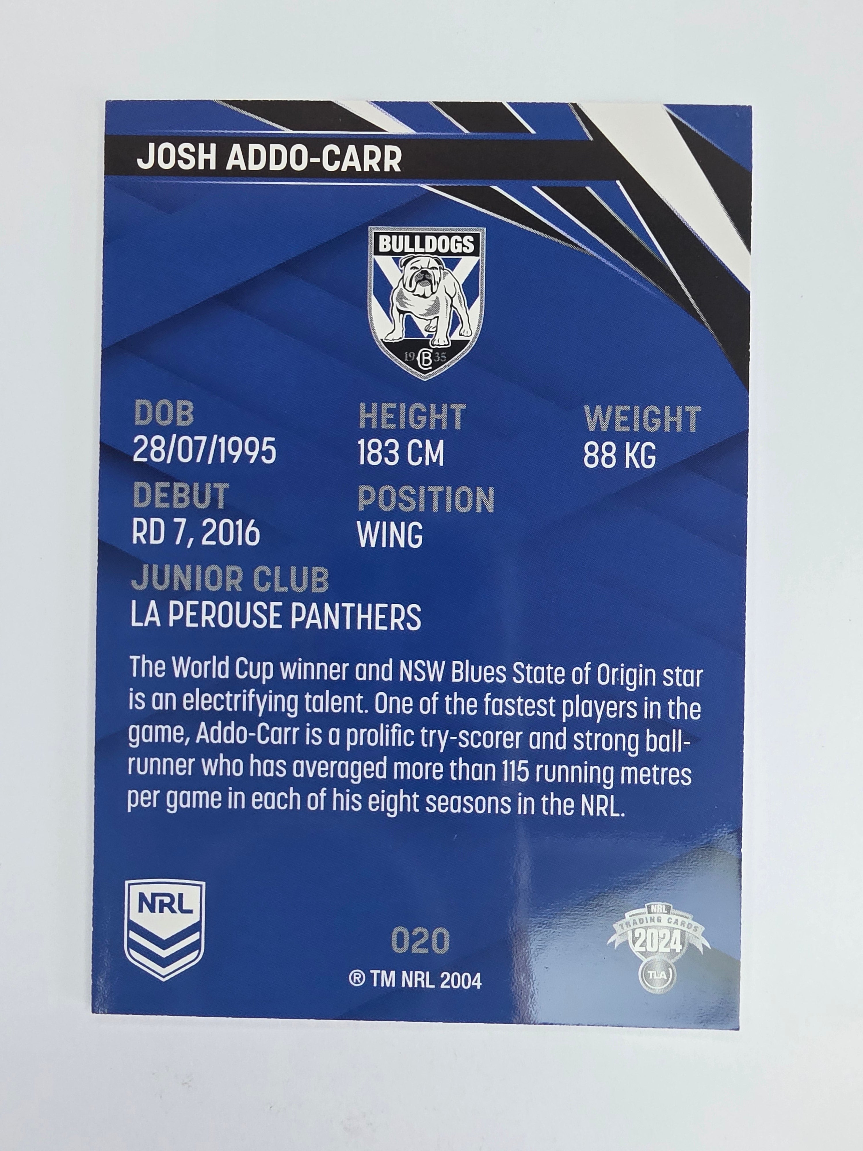 NRL 2024 Traders Base Card #020 Josh Addo-Carr Canterbury Bankstown Bulldogs