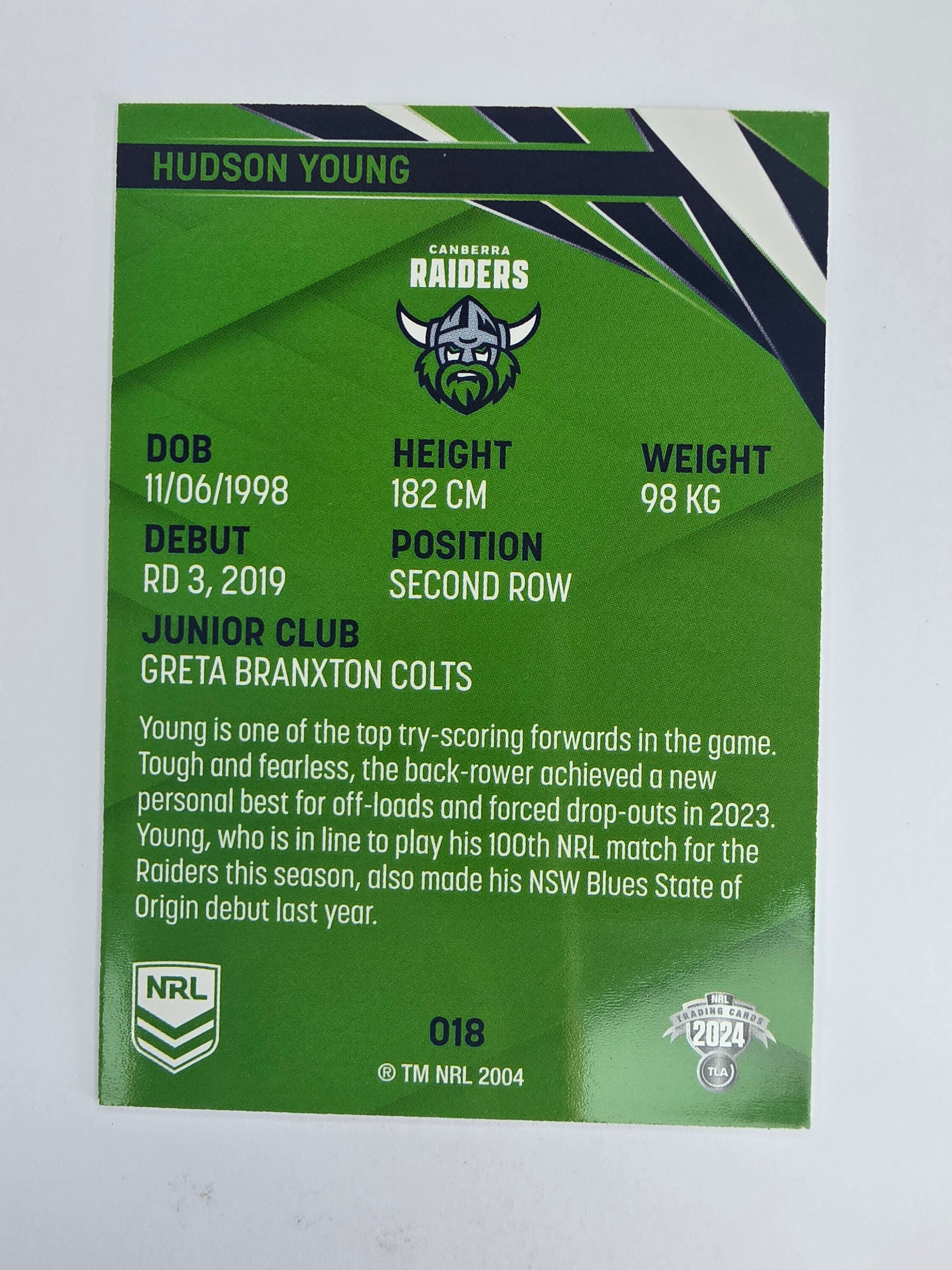 NRL 2024 Traders Base Card #018 Hudson Young Canberra Raiders