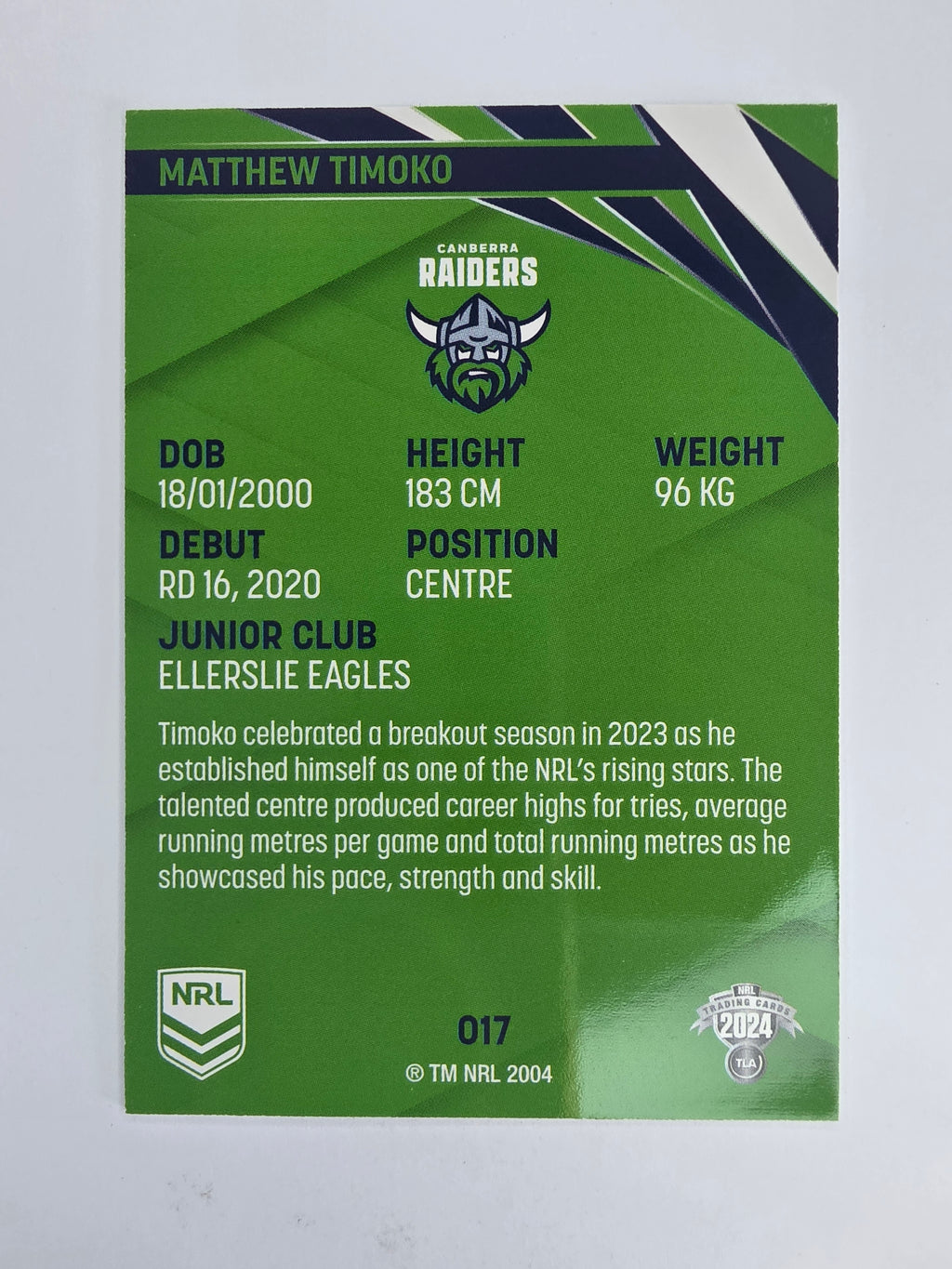 NRL 2024 Traders Base Card #017 Matthew Timoko Canberra Raiders