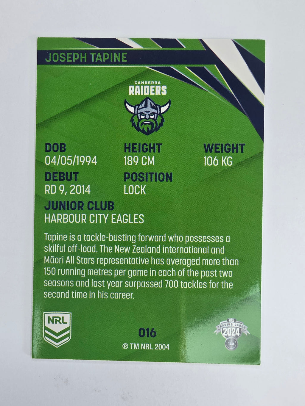 NRL 2024 Traders Base Card #016 Joseph Tapine Canberra Raiders