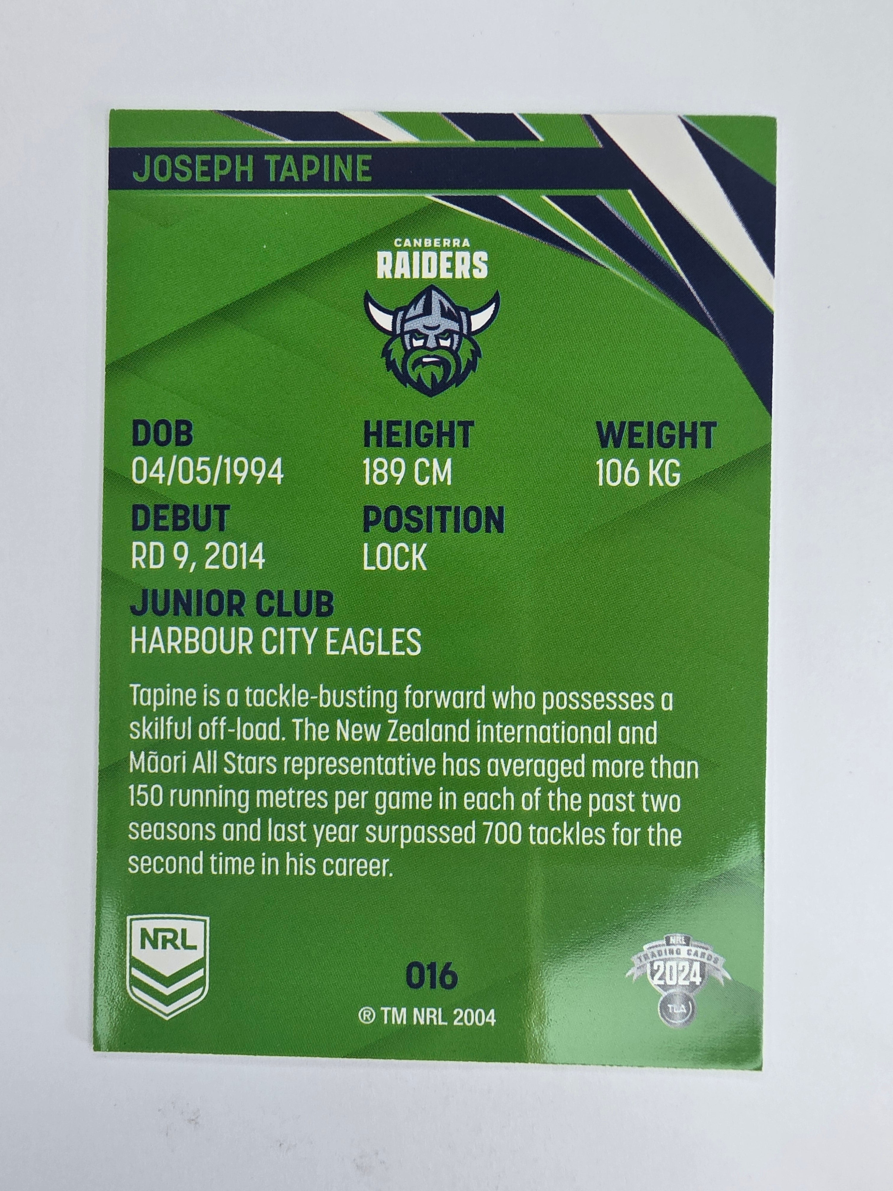 NRL 2024 Traders Base Card #016 Joseph Tapine Canberra Raiders