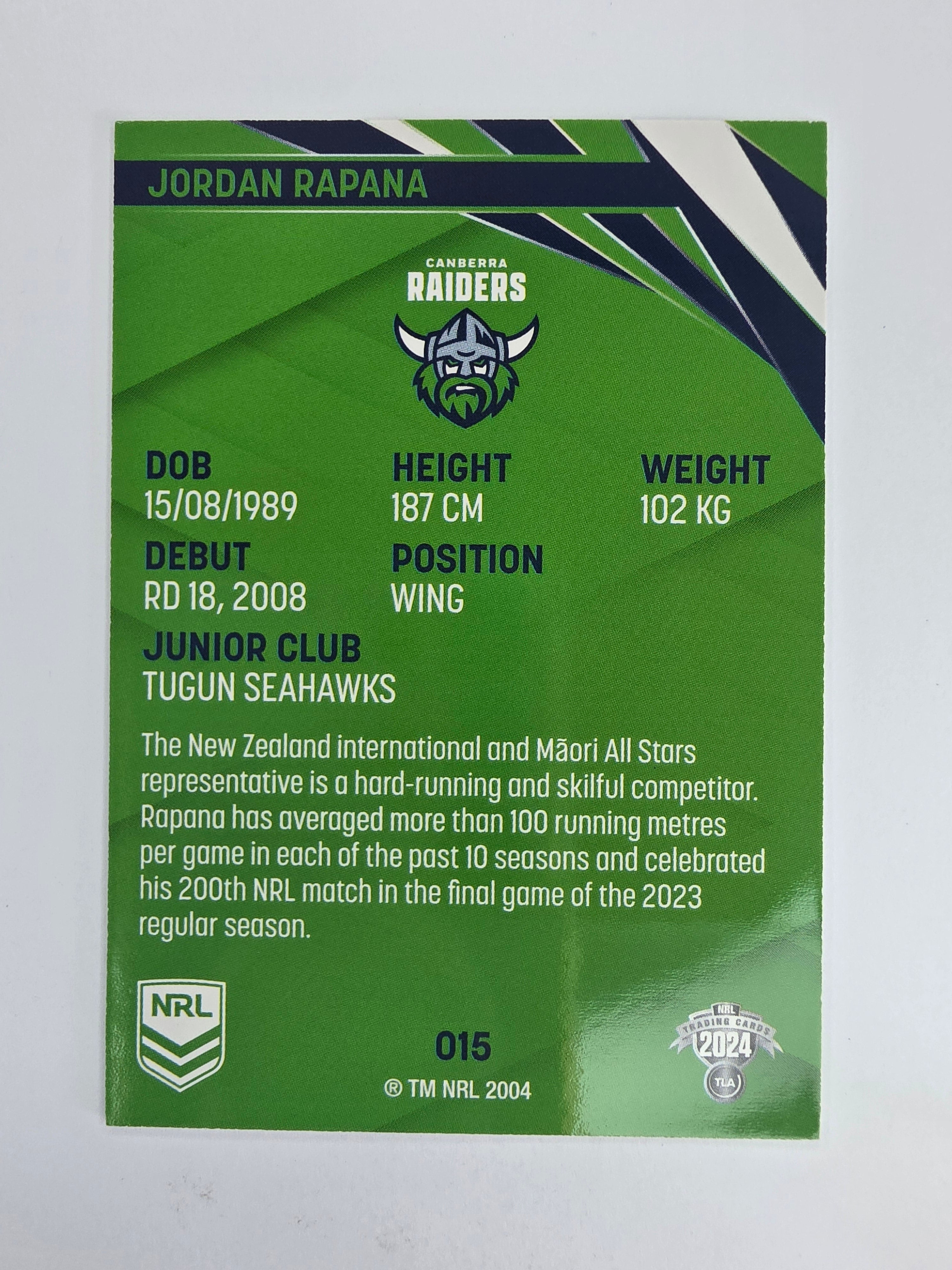 NRL 2024 Traders Base Card #015 Jordan Rapana Canberra Raiders