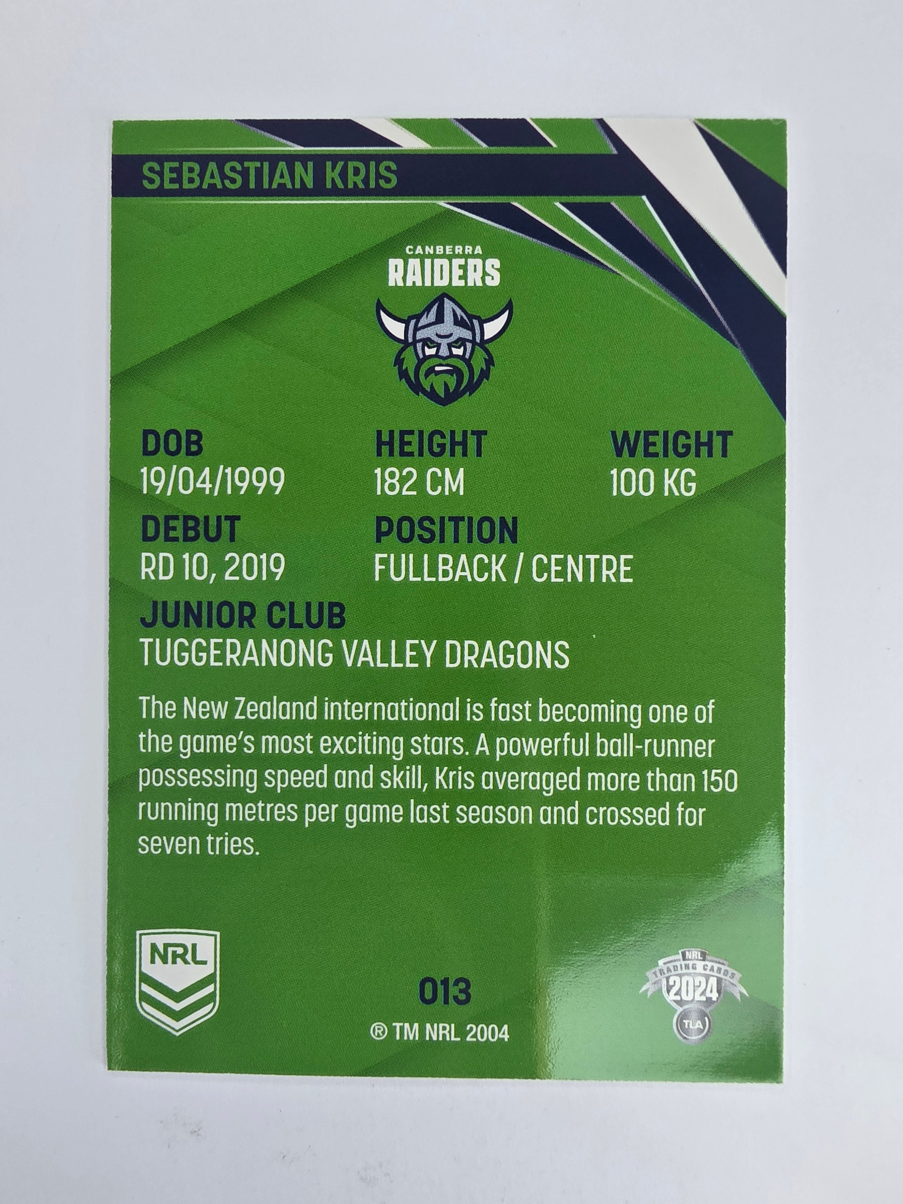 NRL 2024 Traders Base Card #013 Sebastian Kris Canberra Raiders
