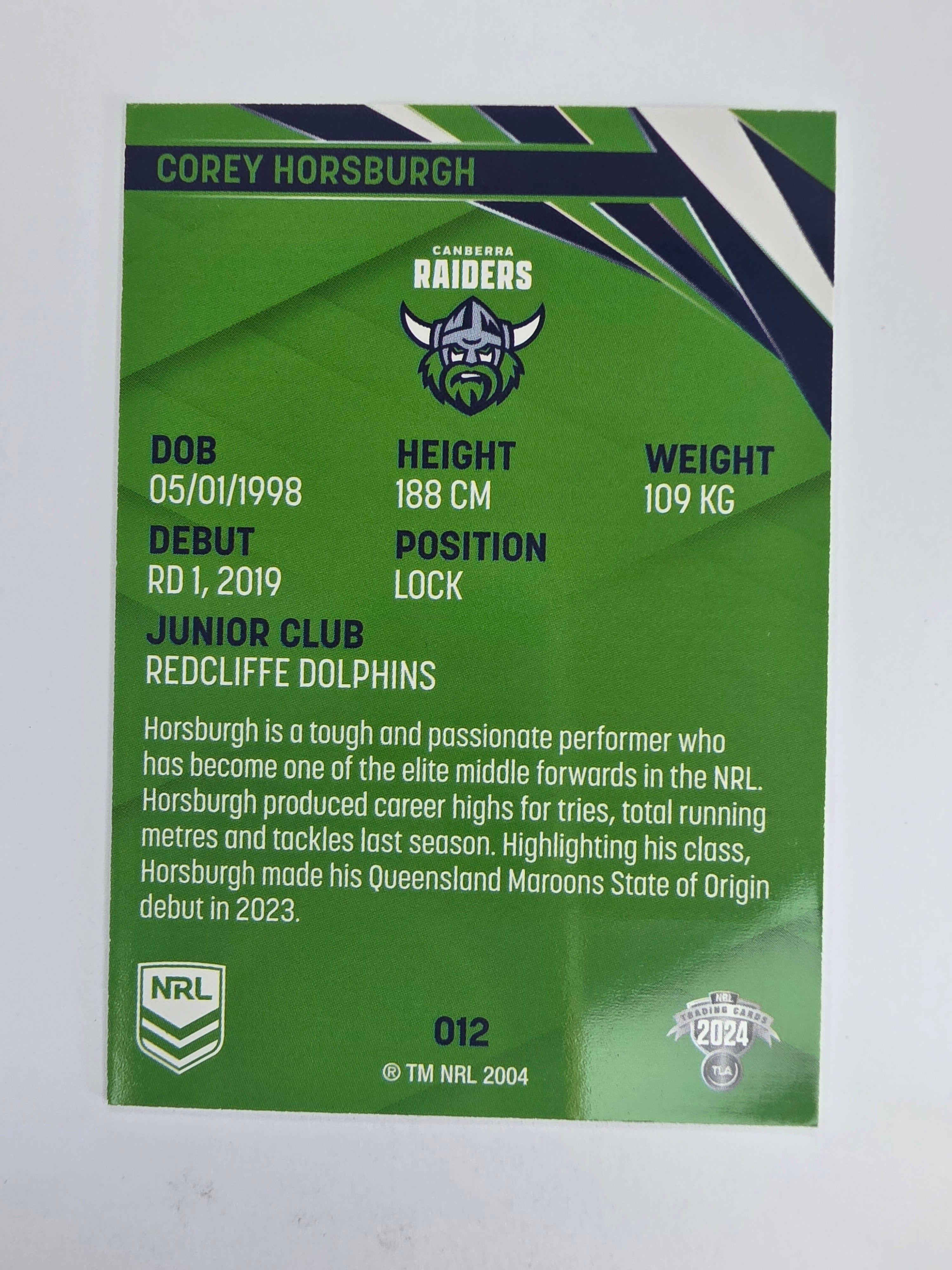 NRL 2024 Traders Base Card #012 Corey Horsburgh Canberra Raiders