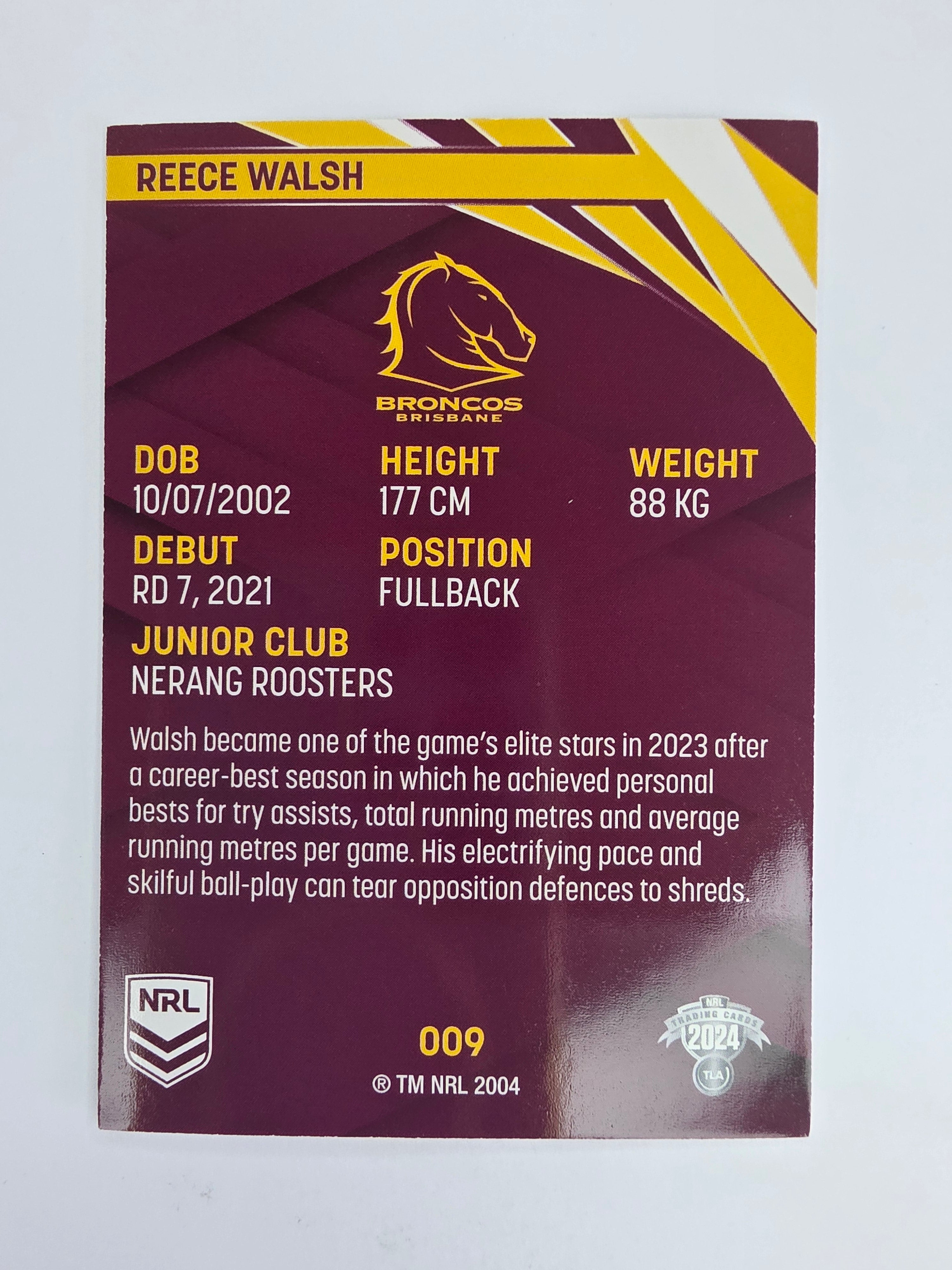 NRL 2024 Traders Base Card #009 Reece Walsh Brisbane Broncos