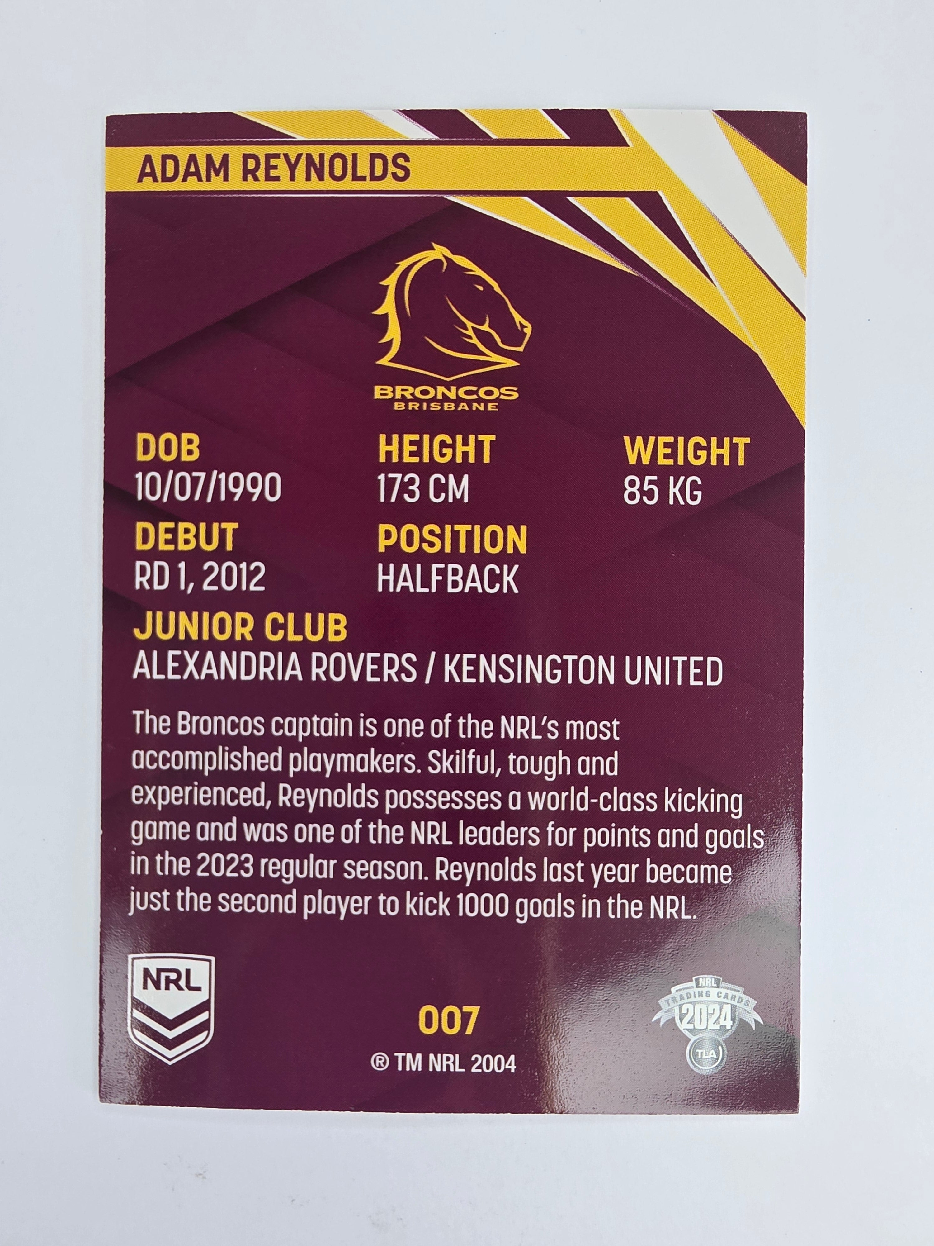NRL 2024 Traders Base Card #007 Adam Reynolds Brisbane Broncos