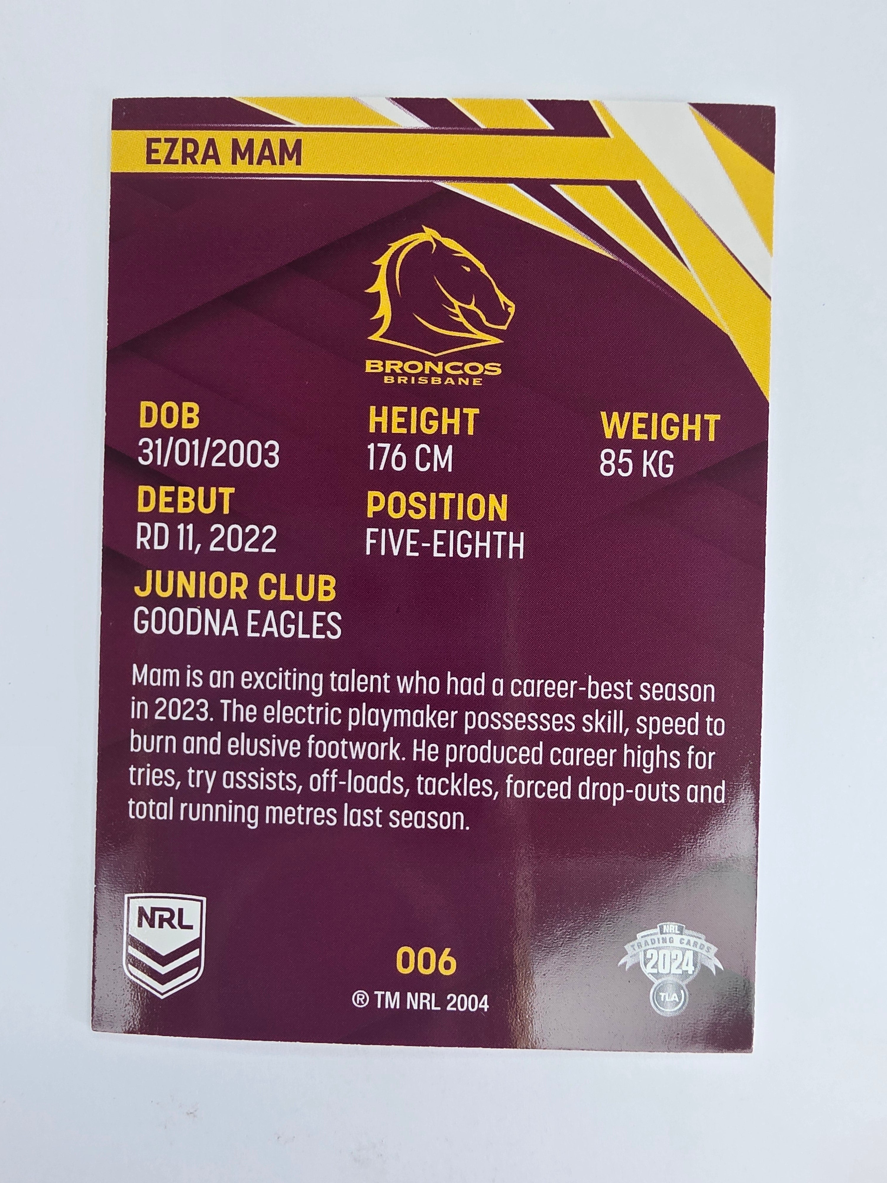 NRL 2024 Traders Base Card #006 Ezra Mam Brisbane Broncos