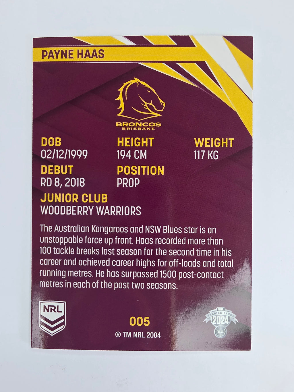 NRL 2024 Traders Base Card #005 Payne Haas Brisbane Broncos