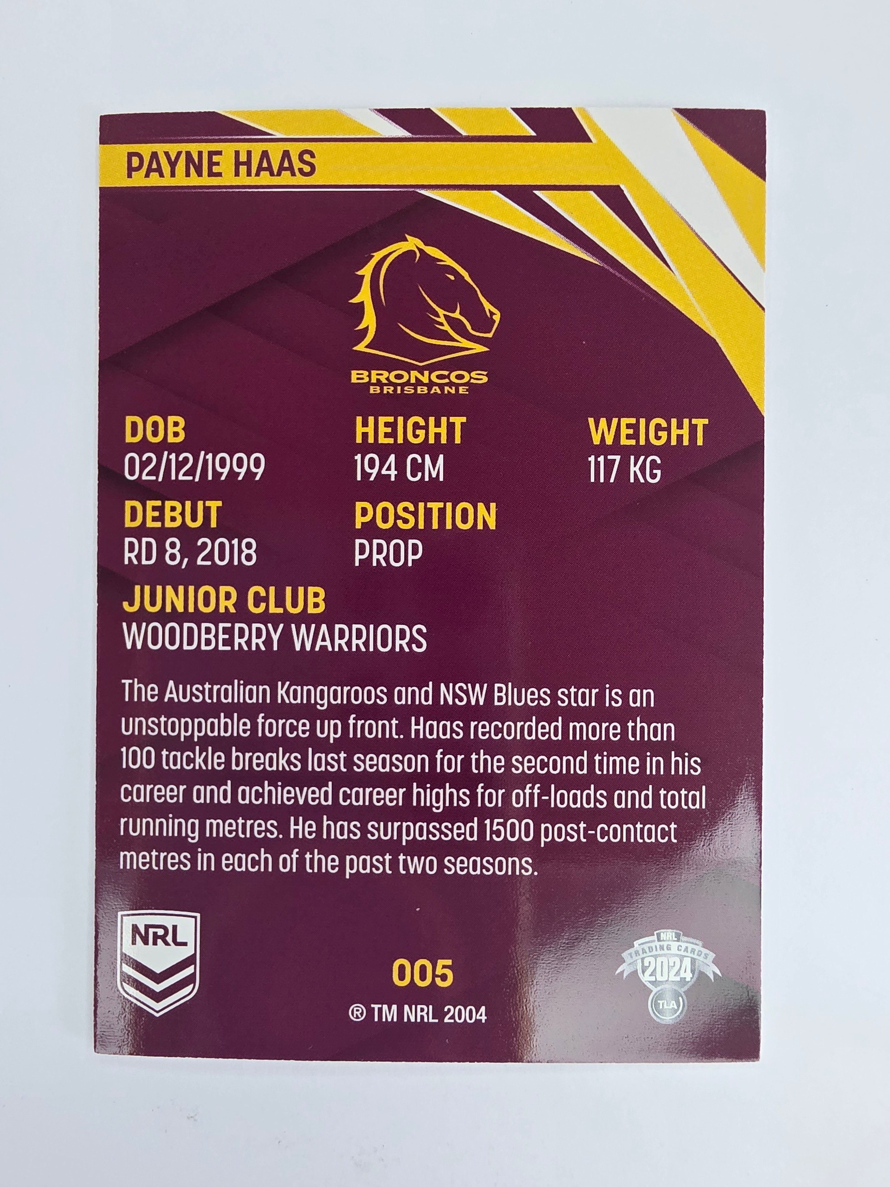 NRL 2024 Traders Base Card #005 Payne Haas Brisbane Broncos
