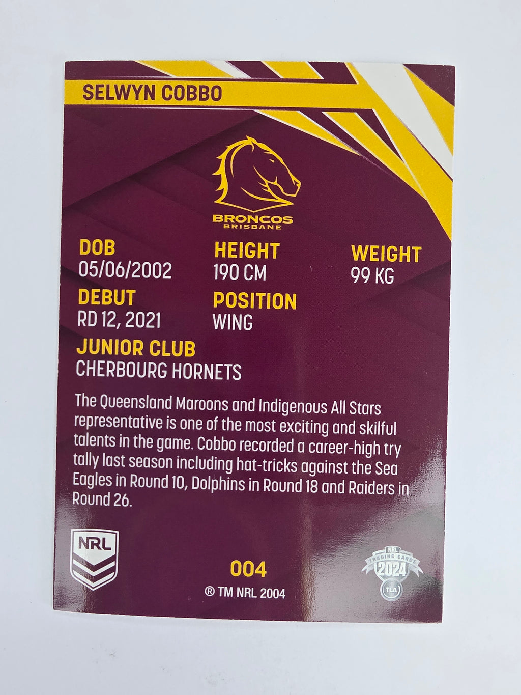 NRL 2024 Traders Base Card #004 Selwyn Cobbo Brisbane Broncos