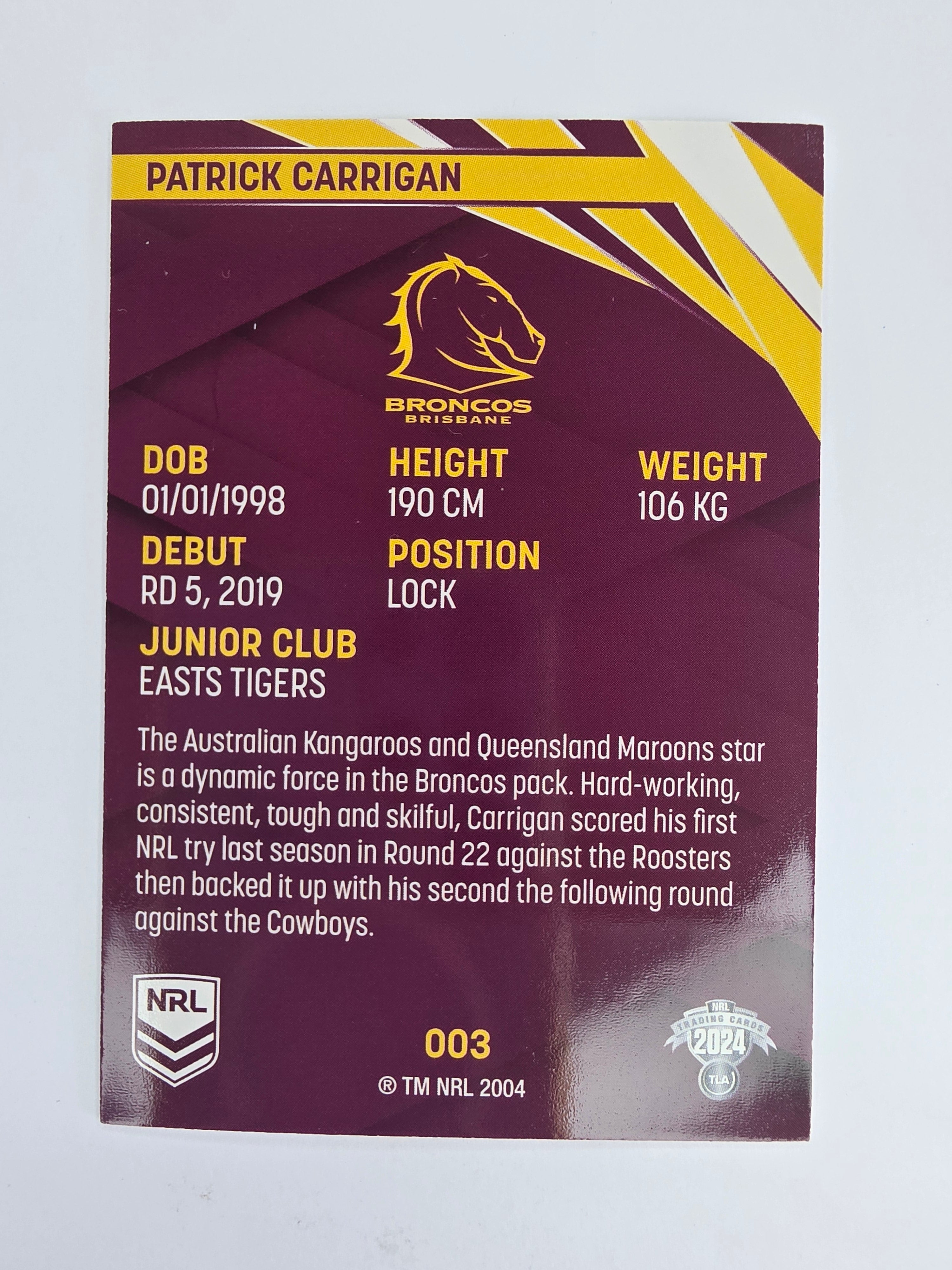 NRL 2024 Traders Base Card #003 Patrick Carrigan Brisbane Broncos