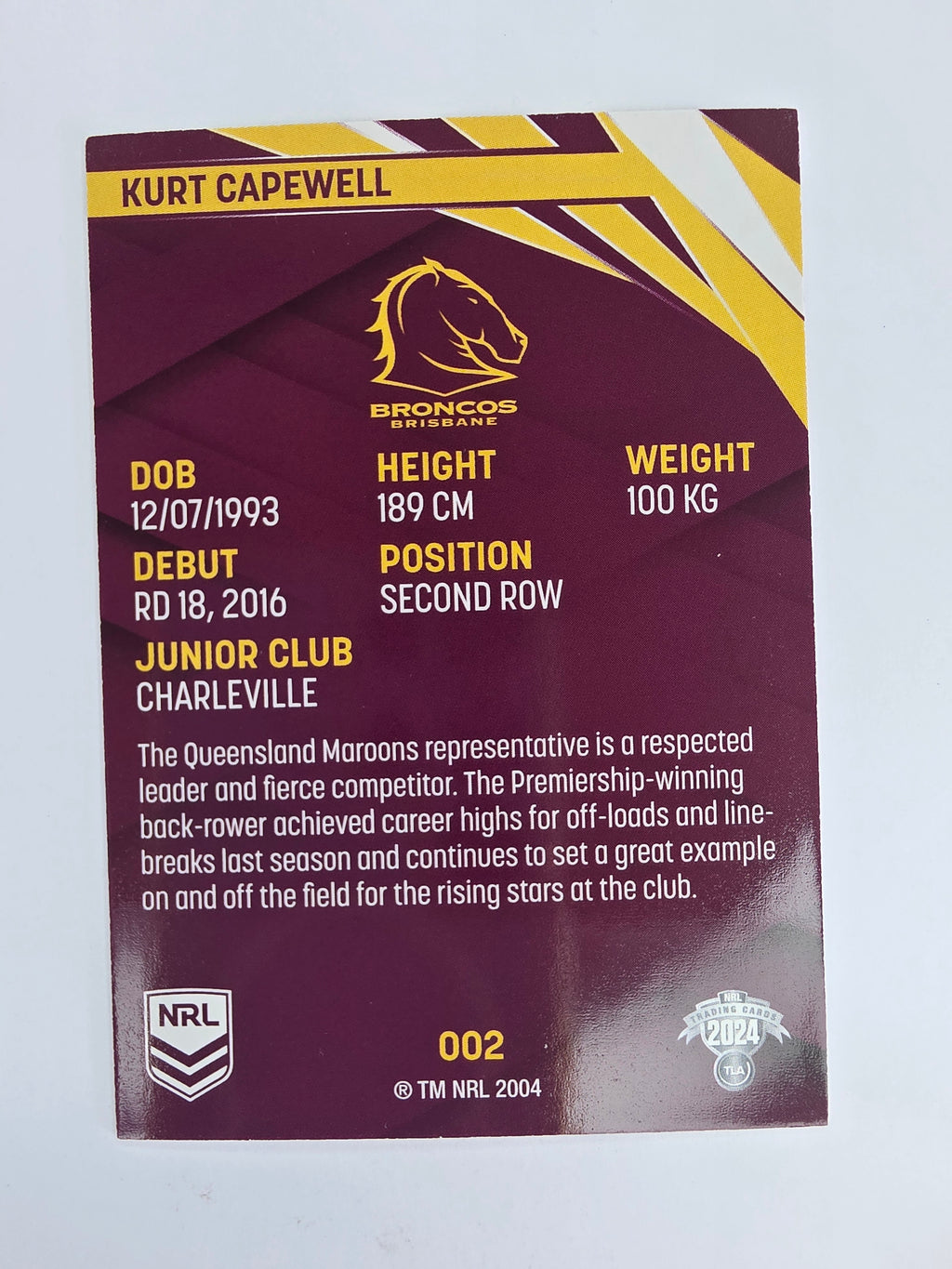 NRL 2024 Traders Base Card #002 Kurt Capewell Brisbane Broncos