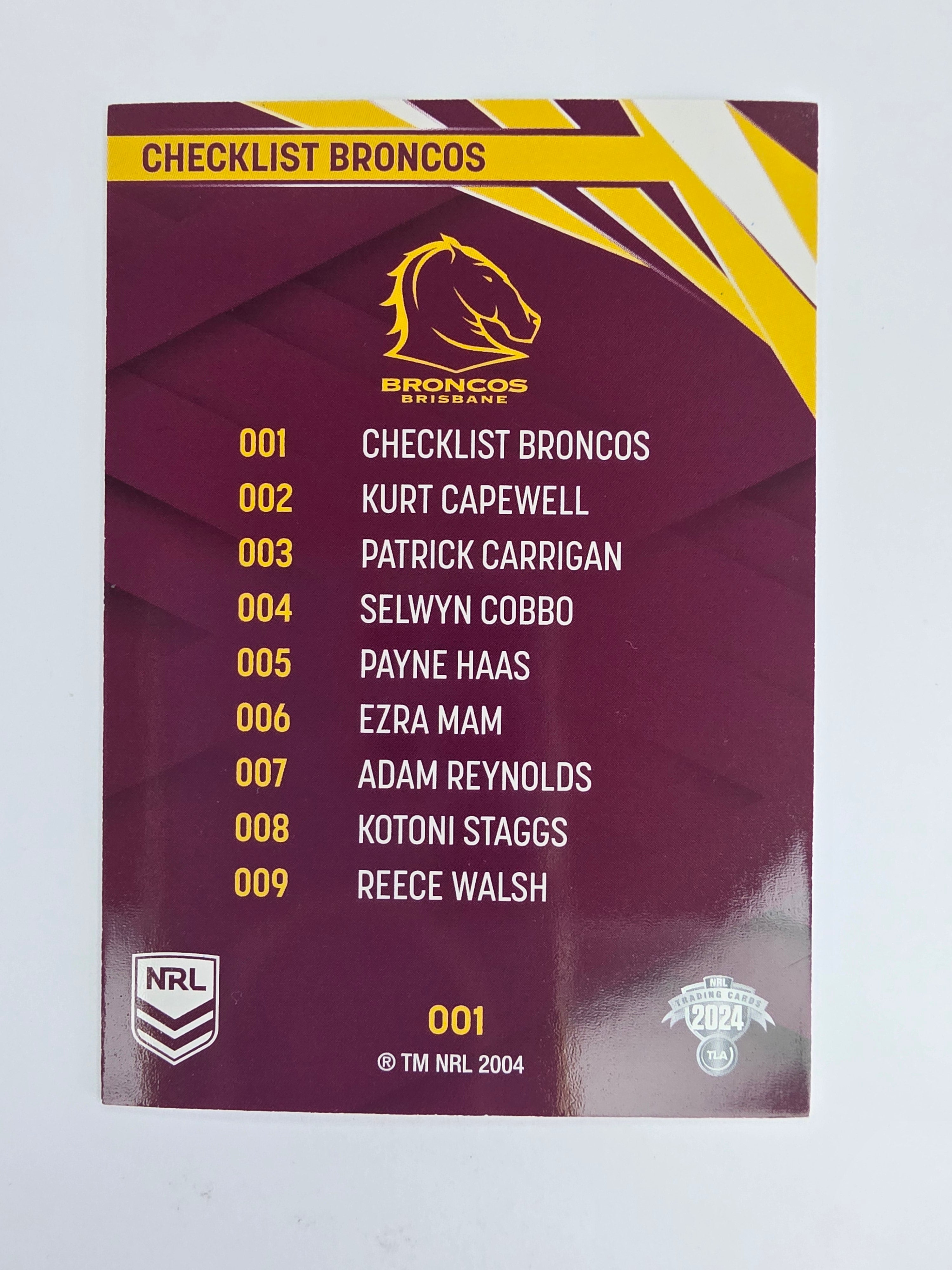 NRL 2024 Traders Base Card #001 Broncos Checklist Brisbane Broncos