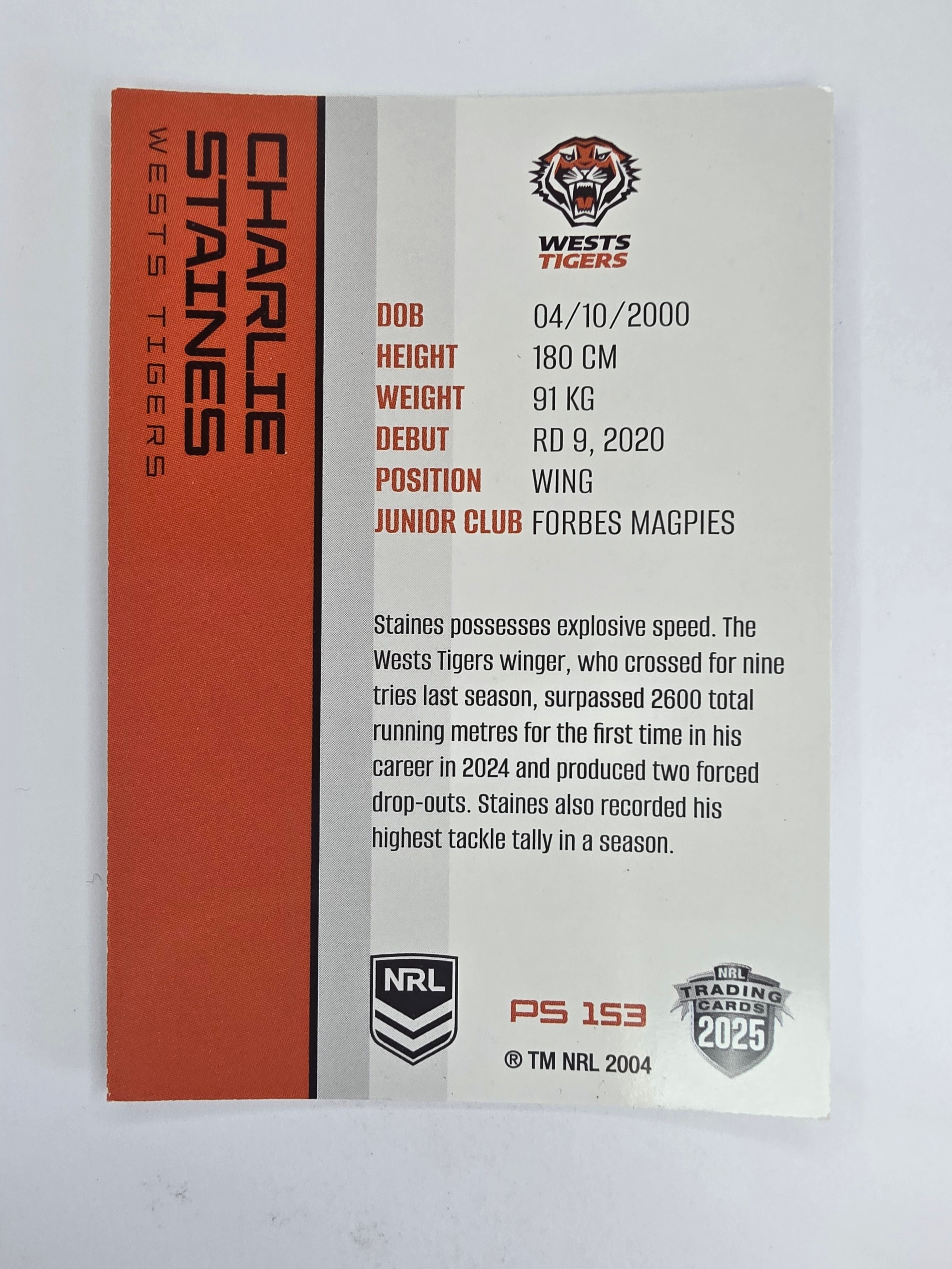 NRL 2025 Traders Silver Parallel #153 Charlie Staines Wests Tigers