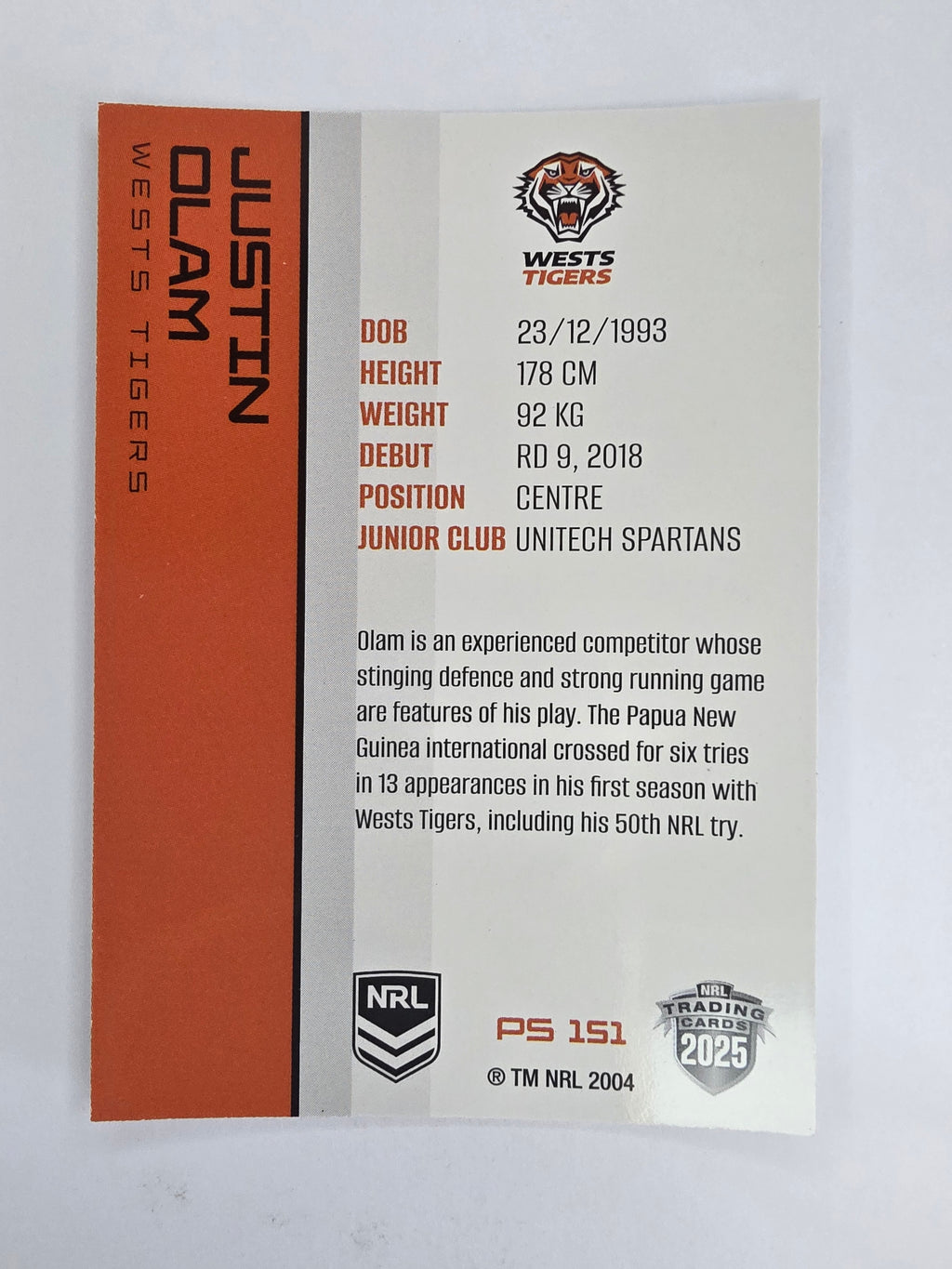 NRL 2025 Traders Silver Parallel #151 Justin Olam Wests Tigers