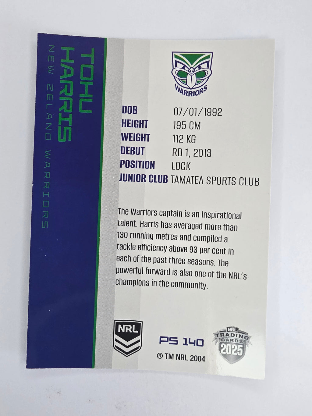 NRL 2025 Traders Silver Parallel #140 Tohu Harris New Zealand Warriors