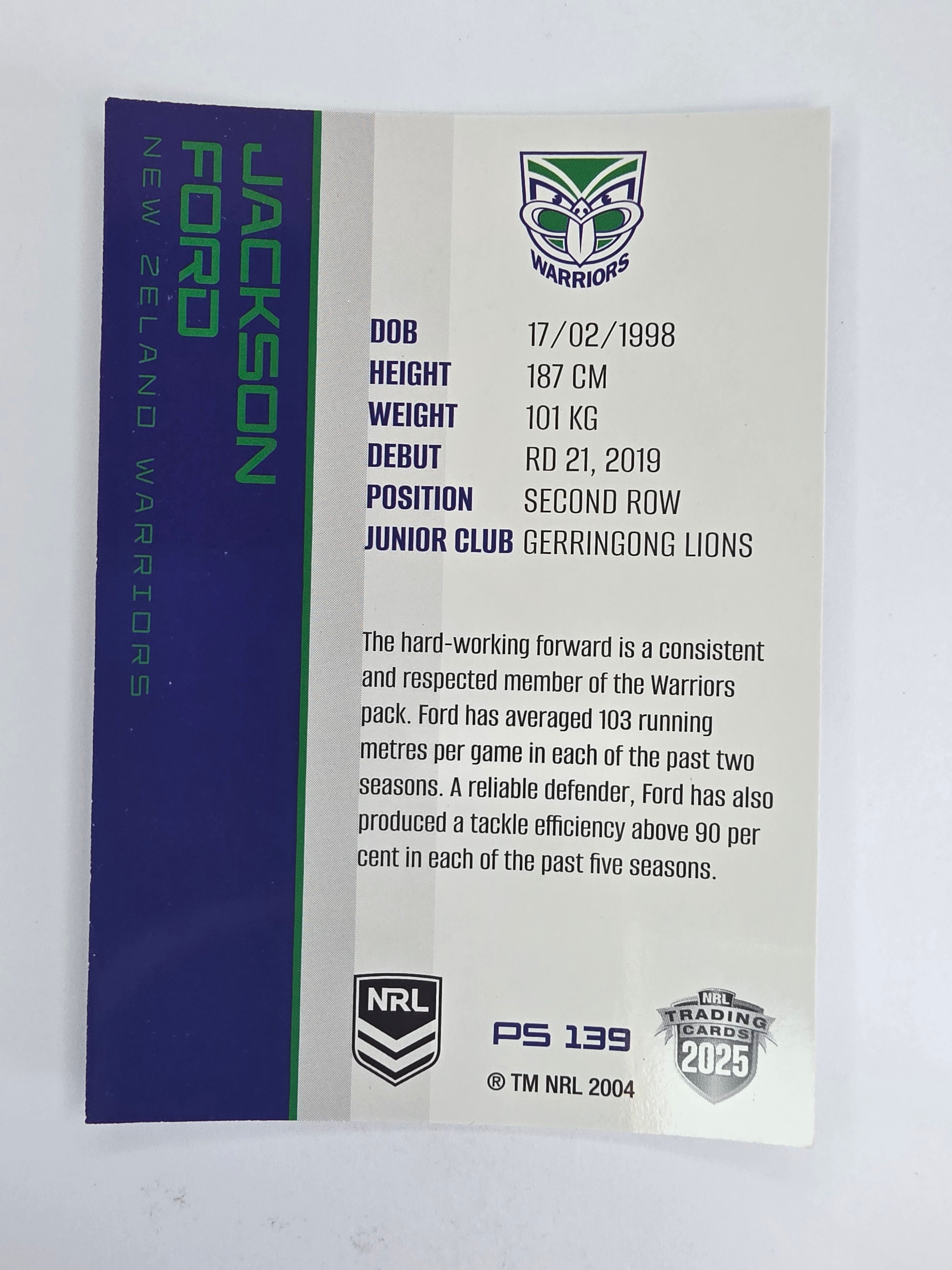 NRL 2025 Traders Silver Parallel #139 Jackson Ford New Zealand Warriors