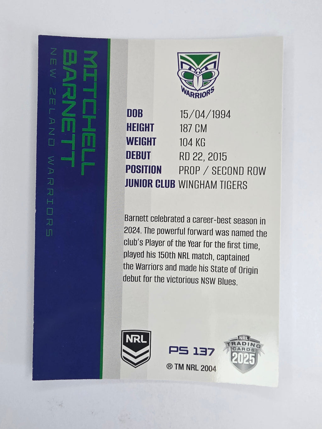 NRL 2025 Traders Silver Parallel #137 Mitchell Barnett New Zealand Warriors