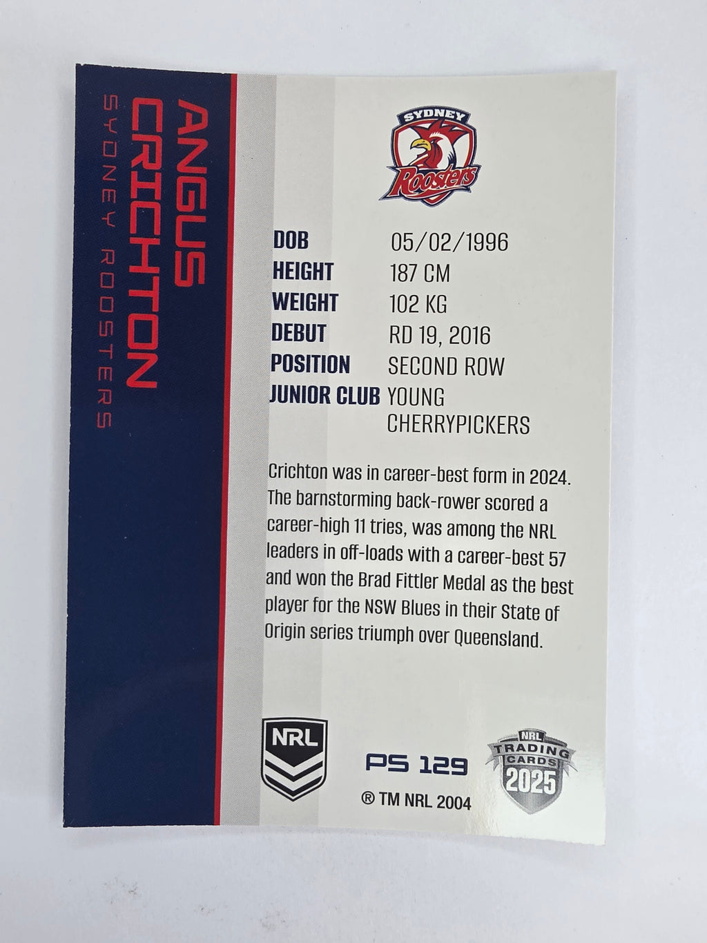 NRL 2025 Traders Silver Parallel #129 Angus Crichton Sydney Roosters