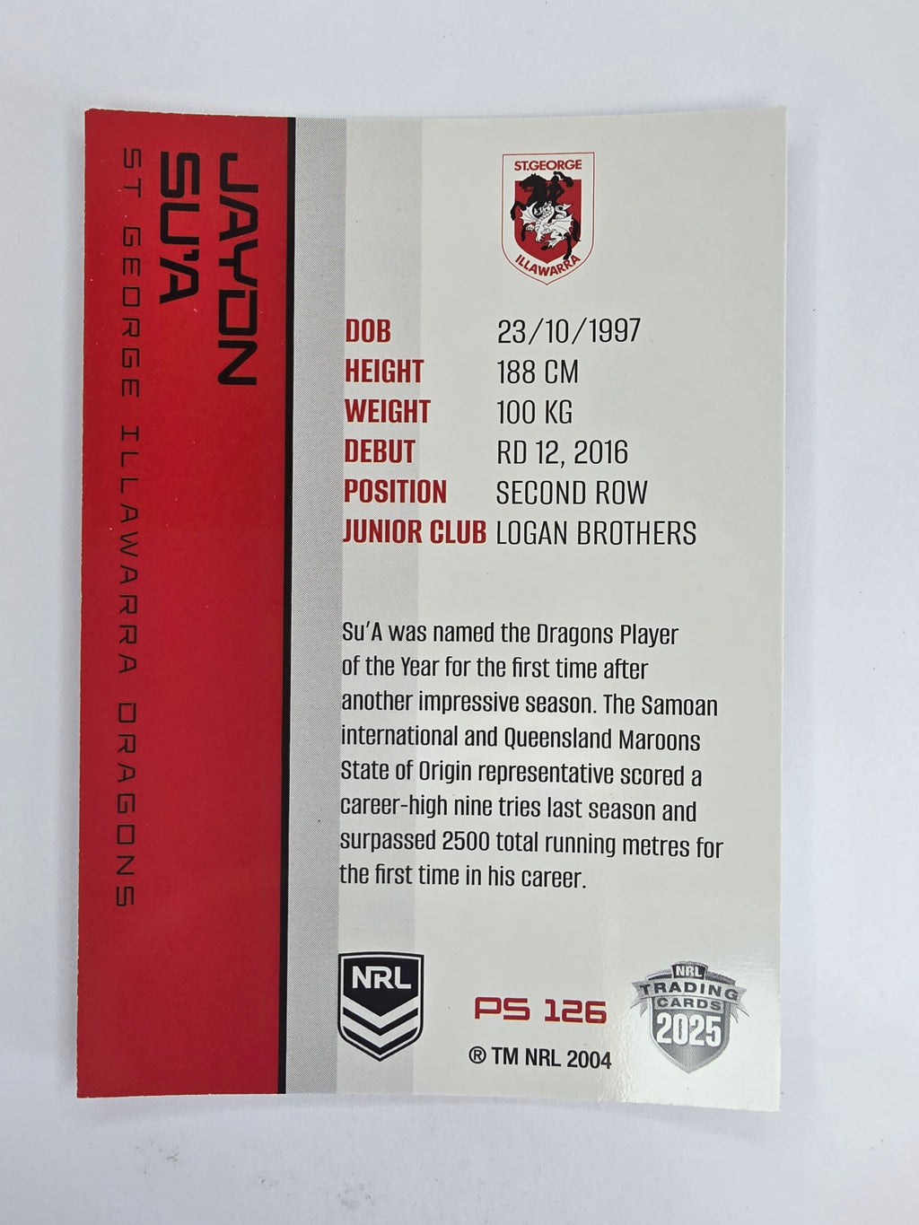 NRL 2025 Traders Silver Parallel #126 Jaydn Su’a St George Illawarra Dragons