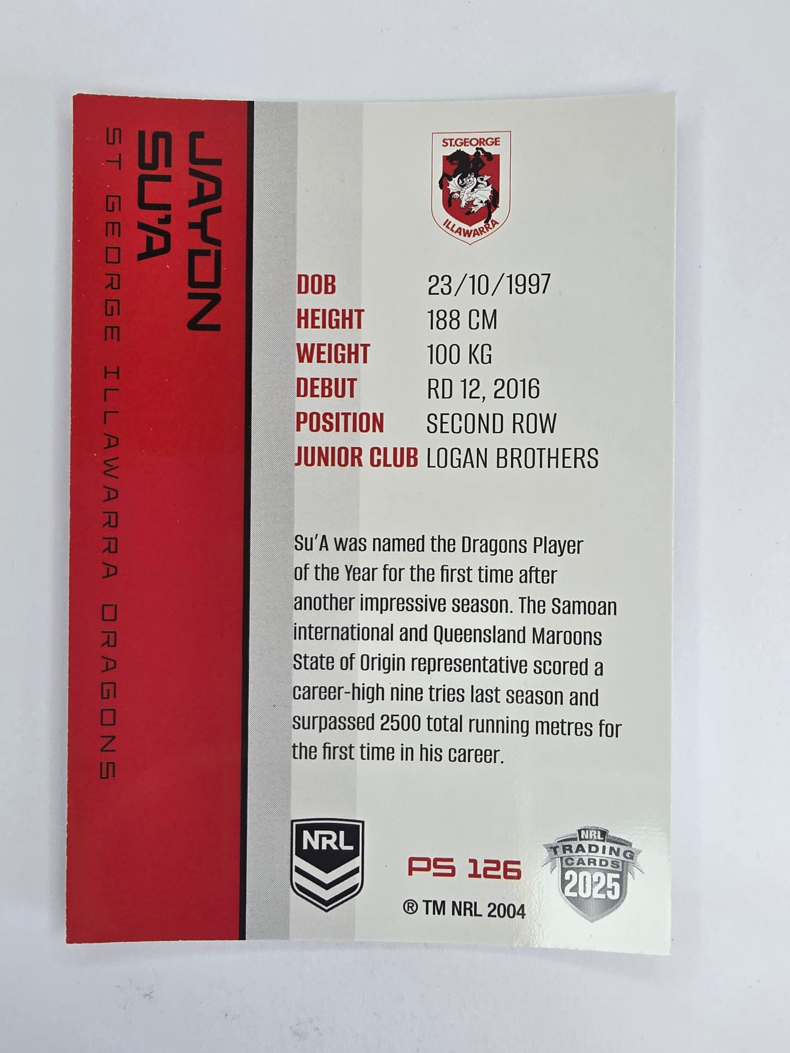 NRL 2025 Traders Silver Parallel #126 Jaydn Su’a St George Illawarra Dragons