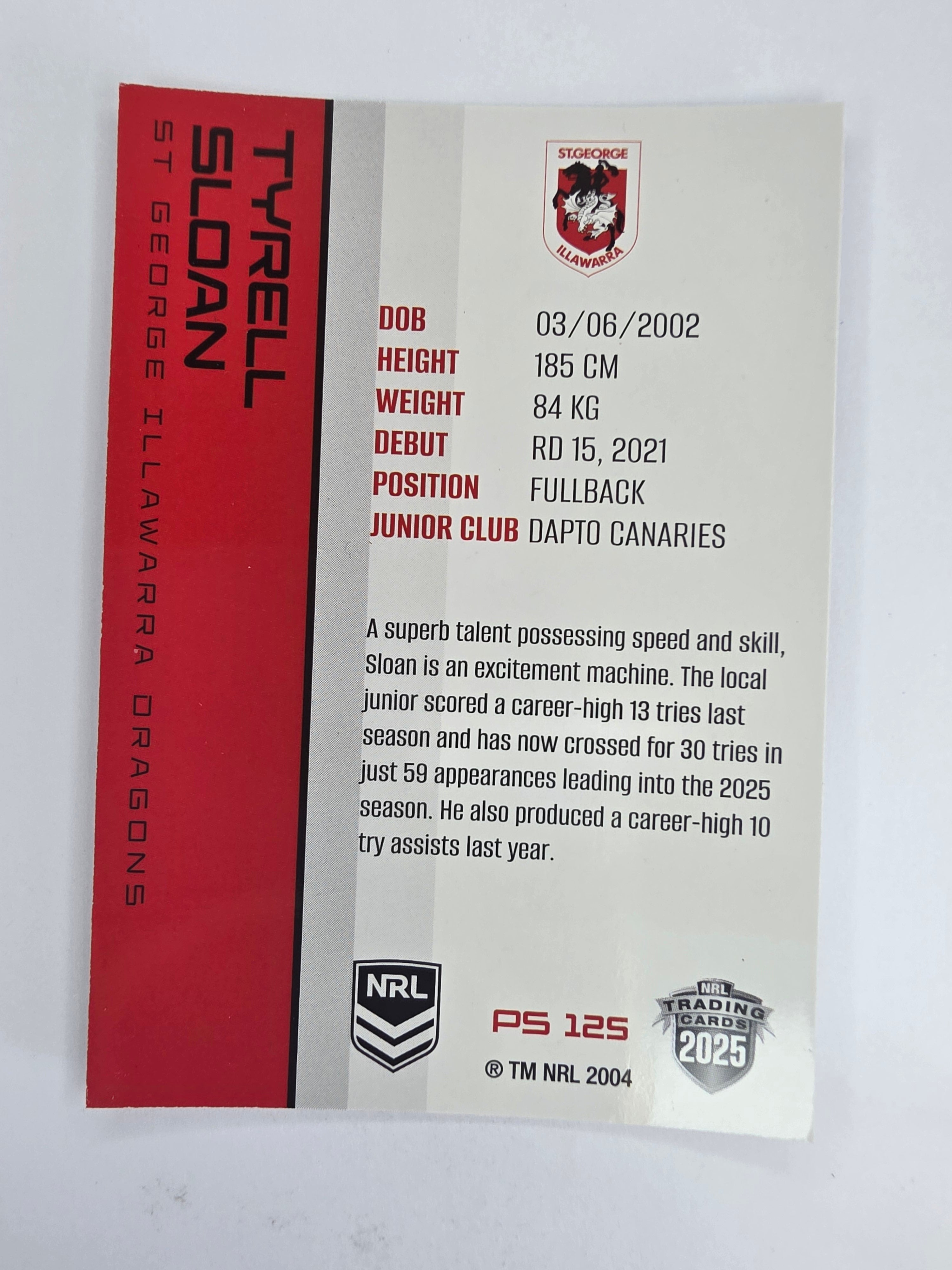 NRL 2025 Traders Silver Parallel #125 Tyrell Sloan St George Illawarra Dragons