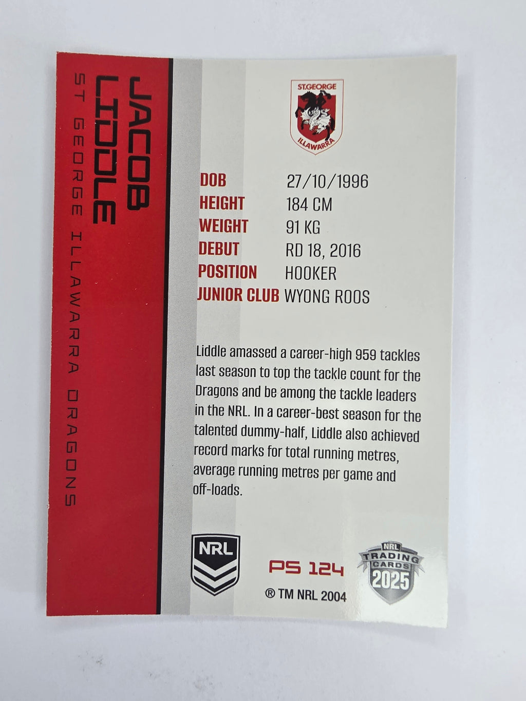 NRL 2025 Traders Silver Parallel #124 Jacob Liddle St George Illawarra Dragons