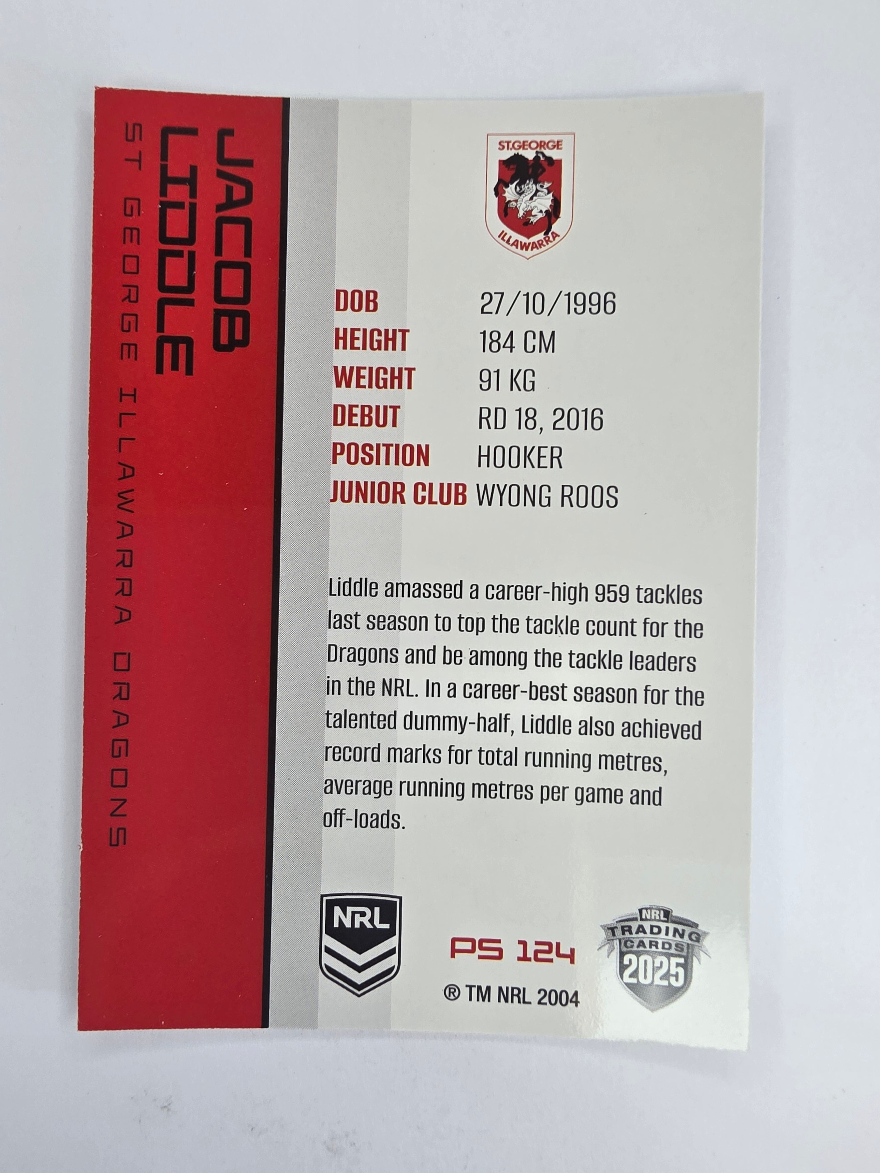 NRL 2025 Traders Silver Parallel #124 Jacob Liddle St George Illawarra Dragons