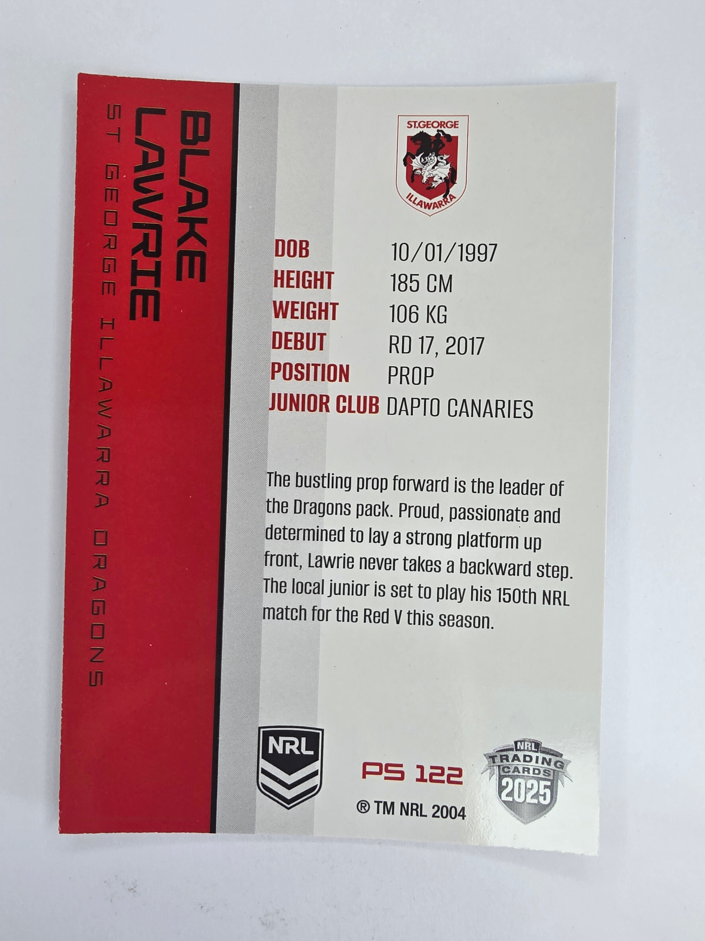 NRL 2025 Traders Silver Parallel #122 Blake Lawrie St George Illawarra Dragons