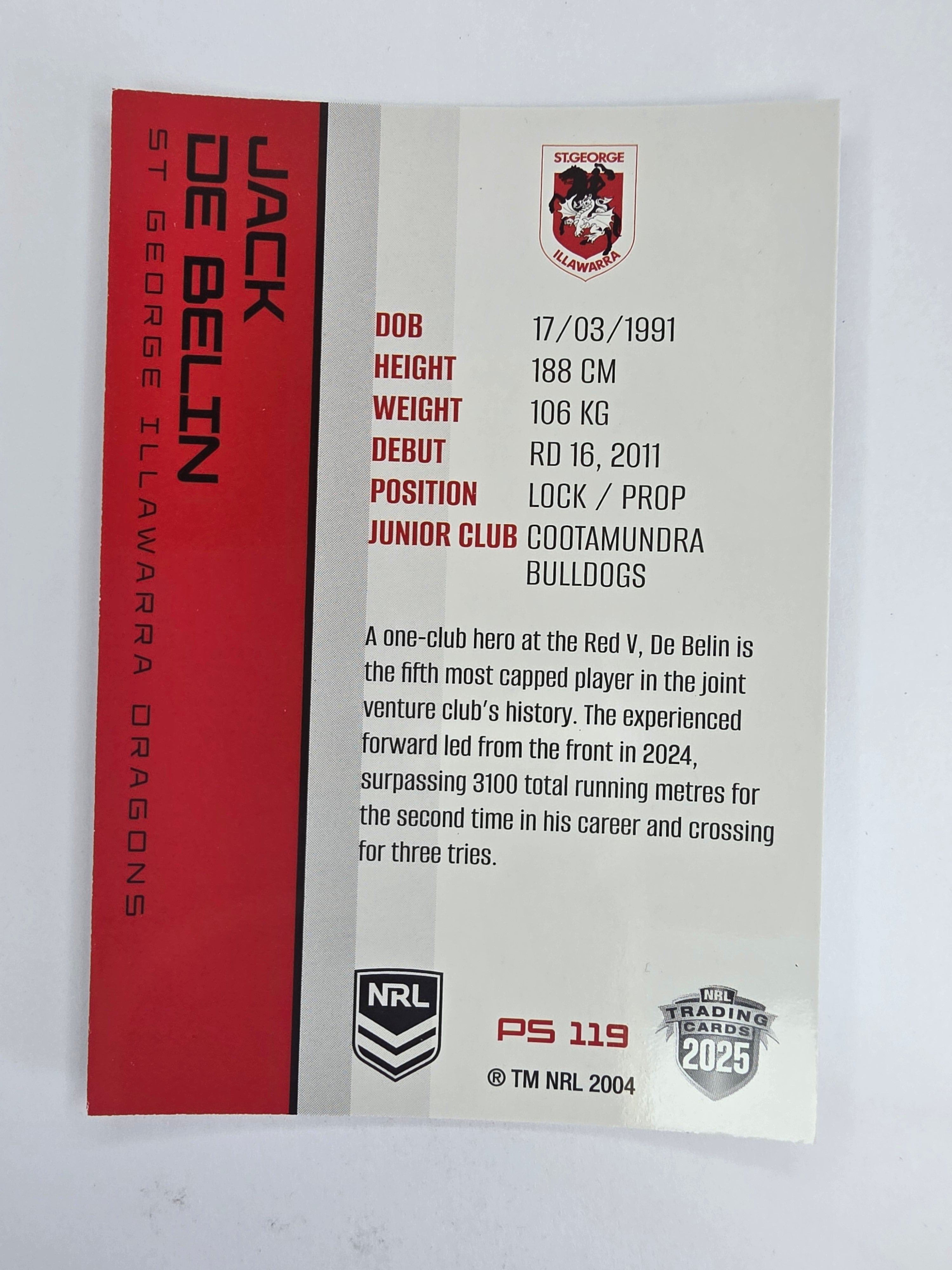 NRL 2025 Traders Silver Parallel #119 Jack de Belin St George Illawarra Dragons