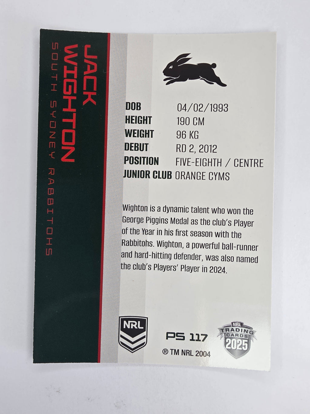 NRL 2025 Traders Silver Parallel #117 Jack Wighton South Sydney Rabbitohs