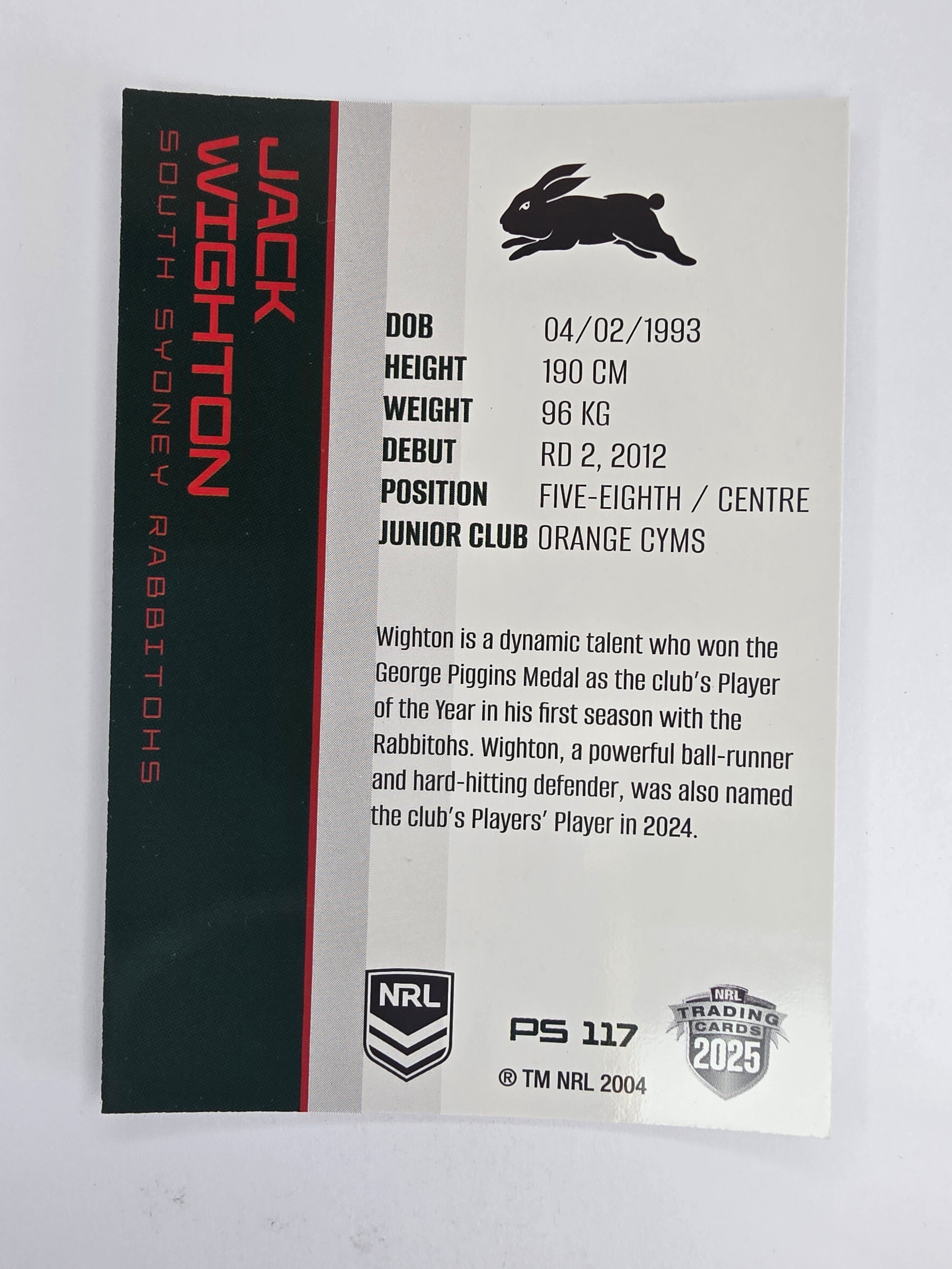NRL 2025 Traders Silver Parallel #117 Jack Wighton South Sydney Rabbitohs