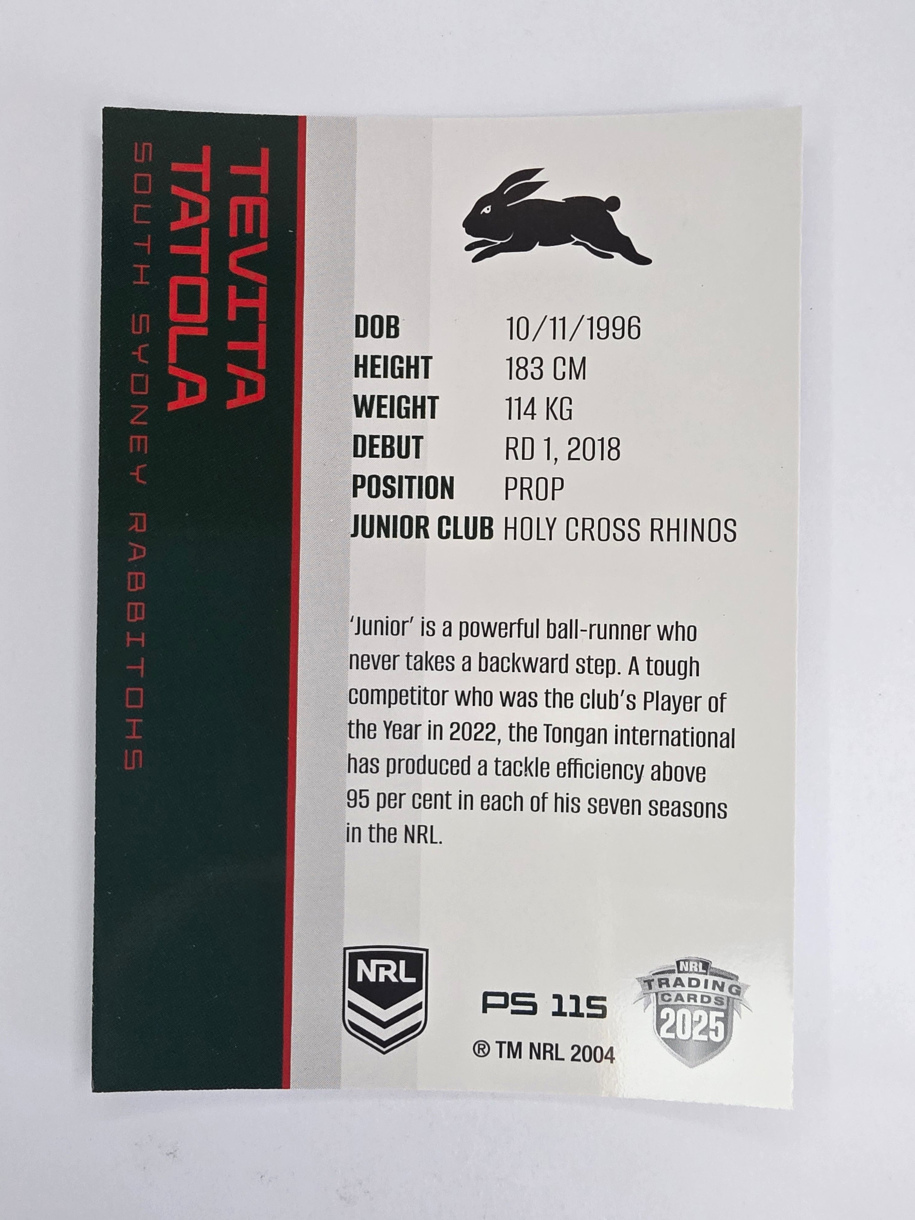 NRL 2025 Traders Silver Parallel #115 Tevita Tatola South Sydney Rabbitohs