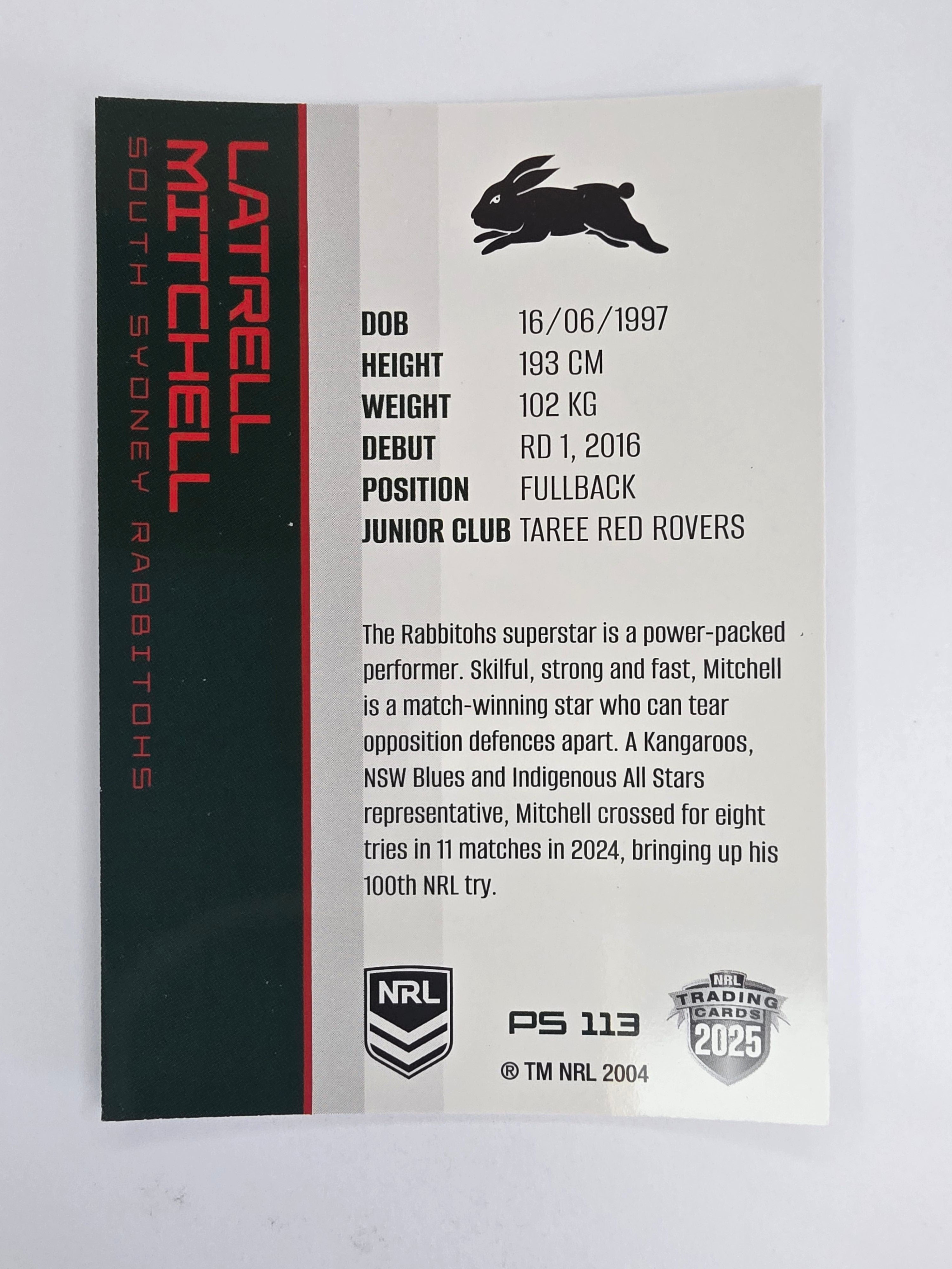 NRL 2025 Traders Silver Parallel #113 Latrell Mitchell South Sydney Rabbitohs