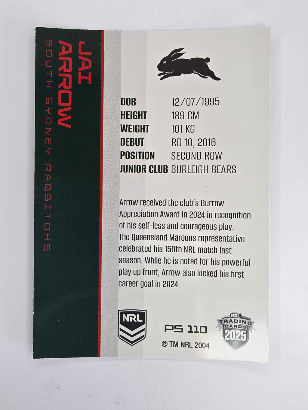 NRL 2025 Traders Silver Parallel #110 Jai Arrow South Sydney Rabbitohs