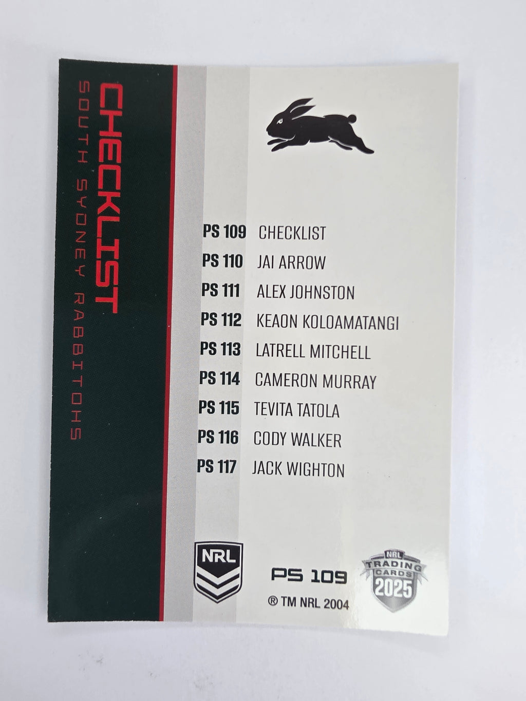 NRL 2025 Traders Silver Parallel #109 Checklist South Sydney Rabbitohs